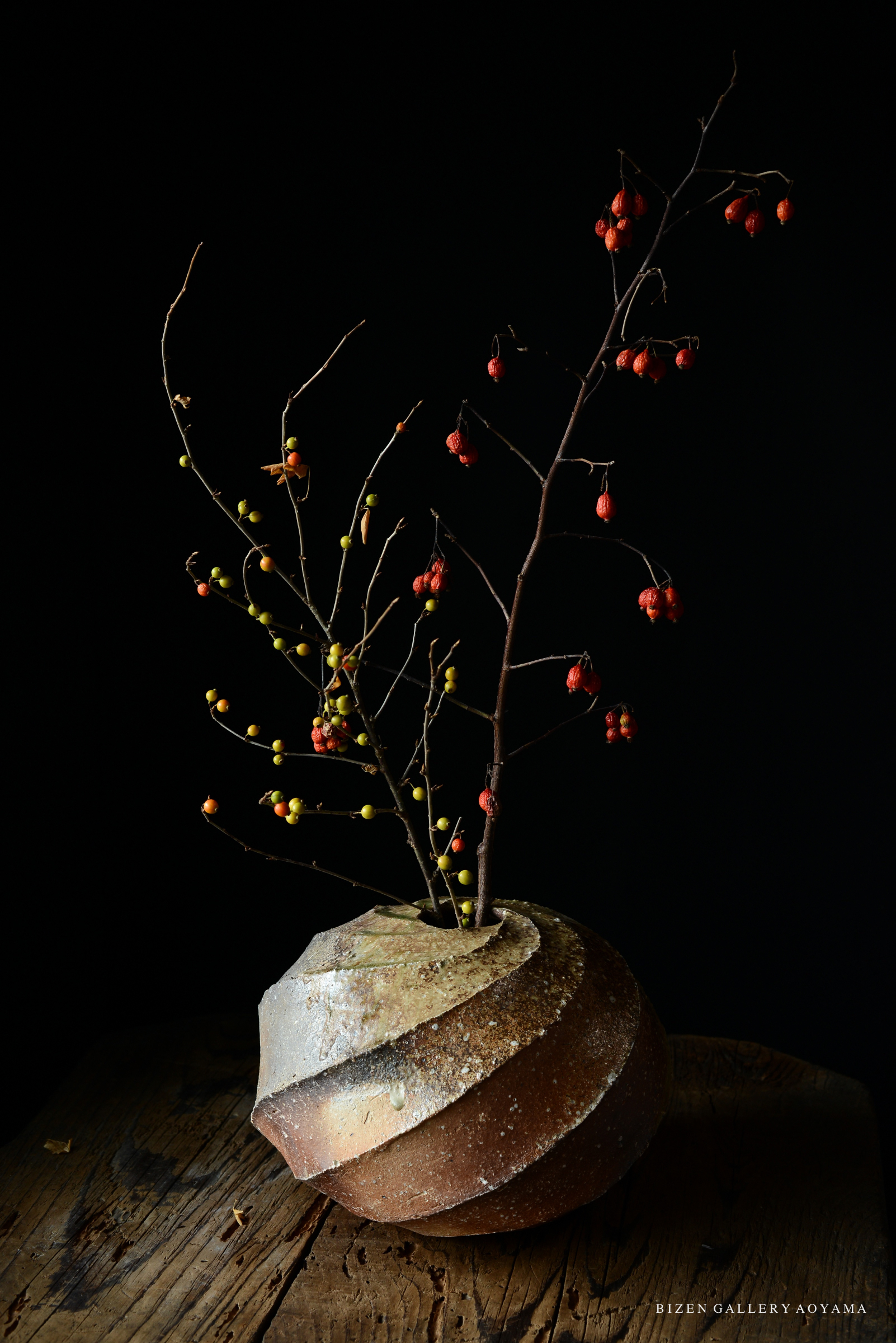 A pottery vase with a spiral design, holding delicate branches with colorful berries, set against a dark background.
