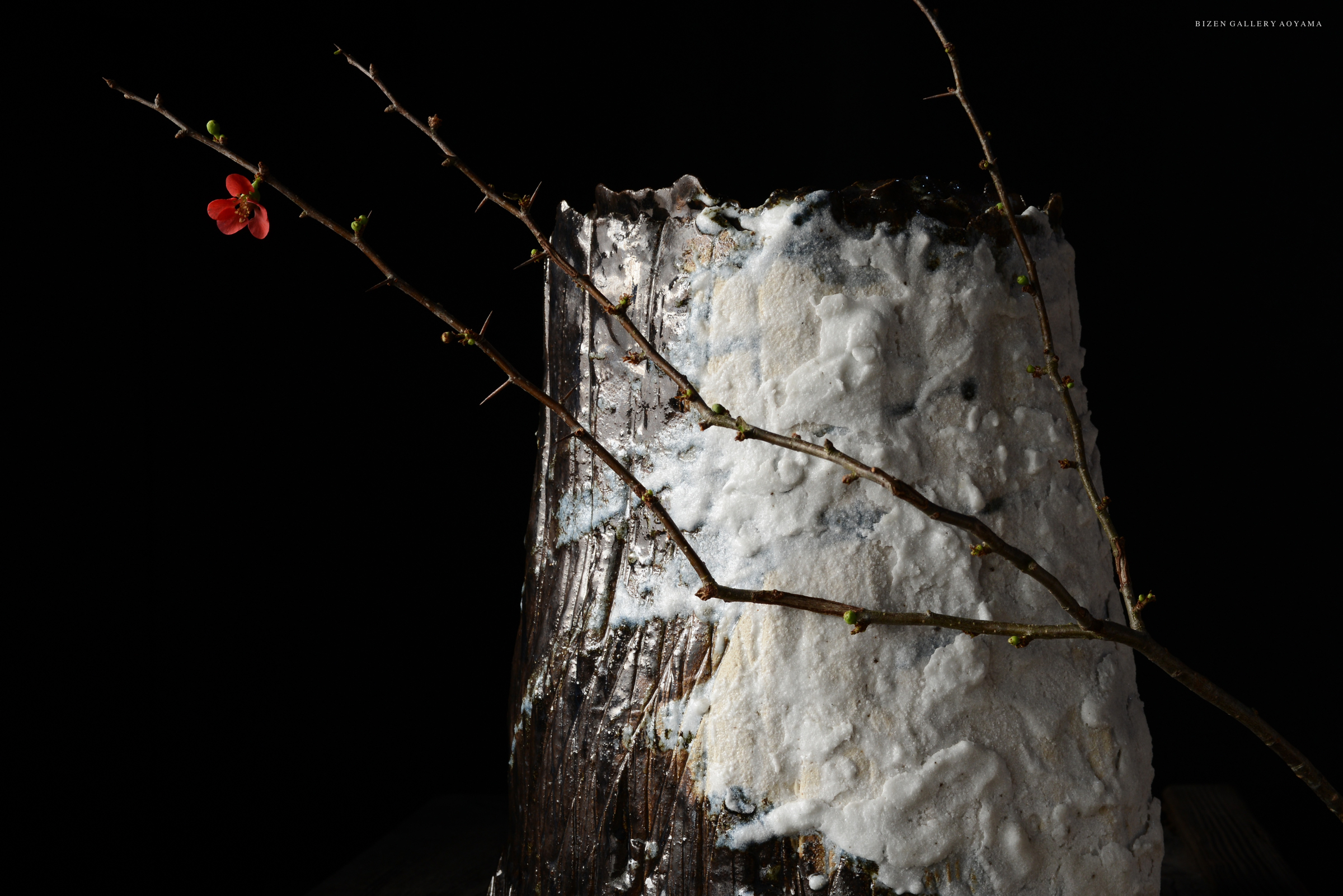 A close-up shot of a textured pottery piece with a white, snow-like surface, complemented by a branch featuring small green buds and a single red flower against a dark background.