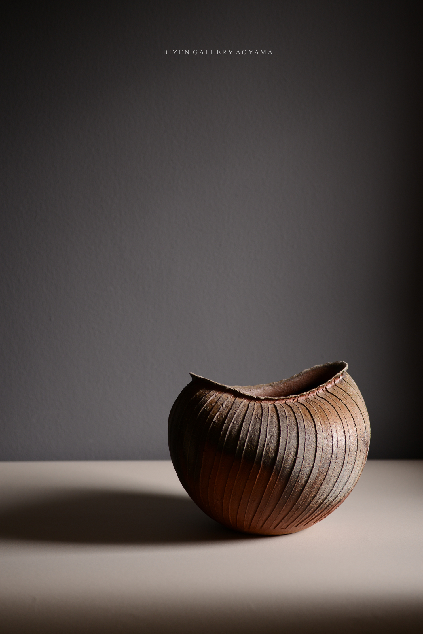 一つの陶器の花瓶が、柔らかな光の中で美しく照らされている写真。背景はシンプルで、陶器の質感と形状が際立っている。