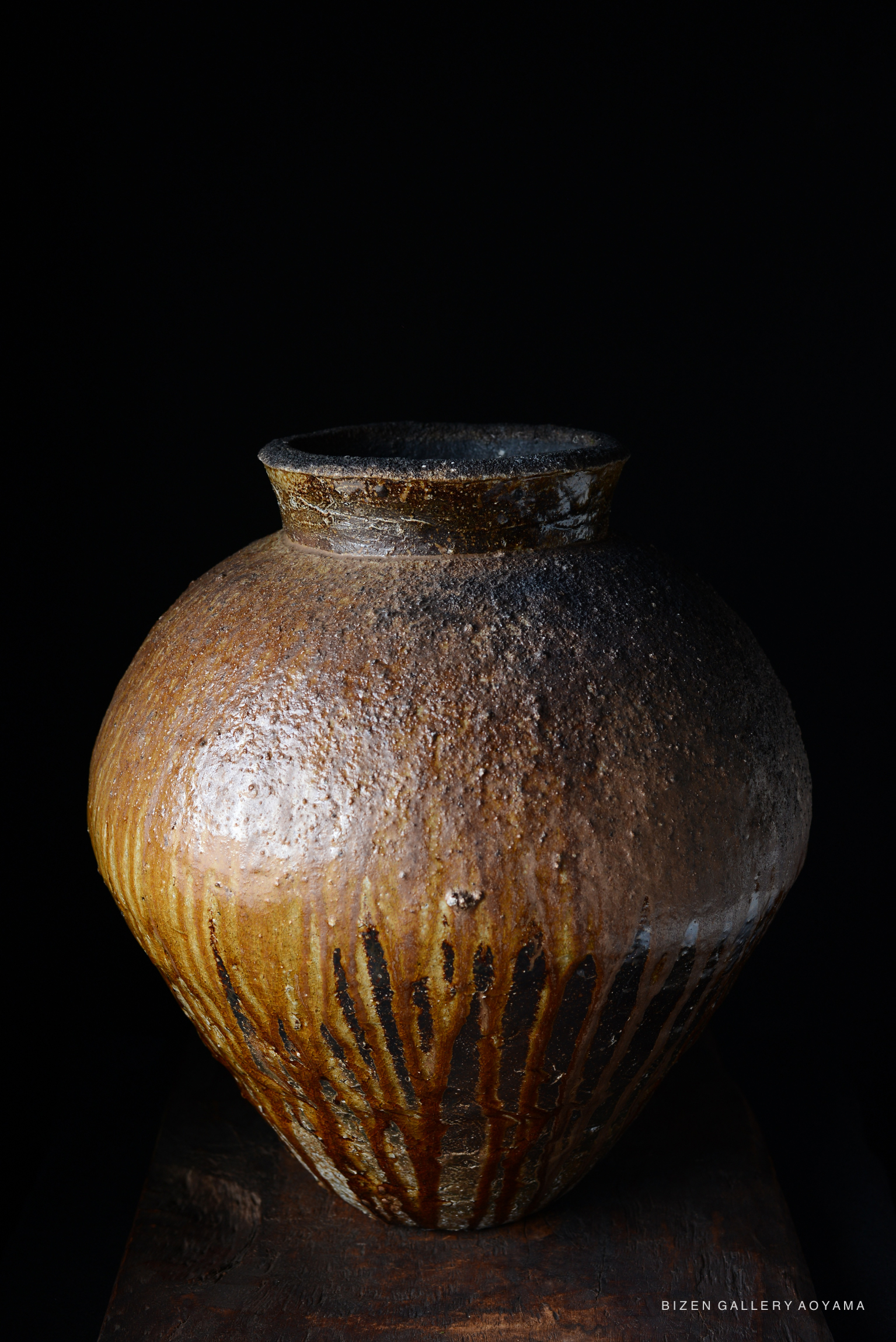 A large, rustic Bizen pottery vase with a round body, featuring a dark, textured surface and subtle orange-brown color variations. The vase is set against a black background.