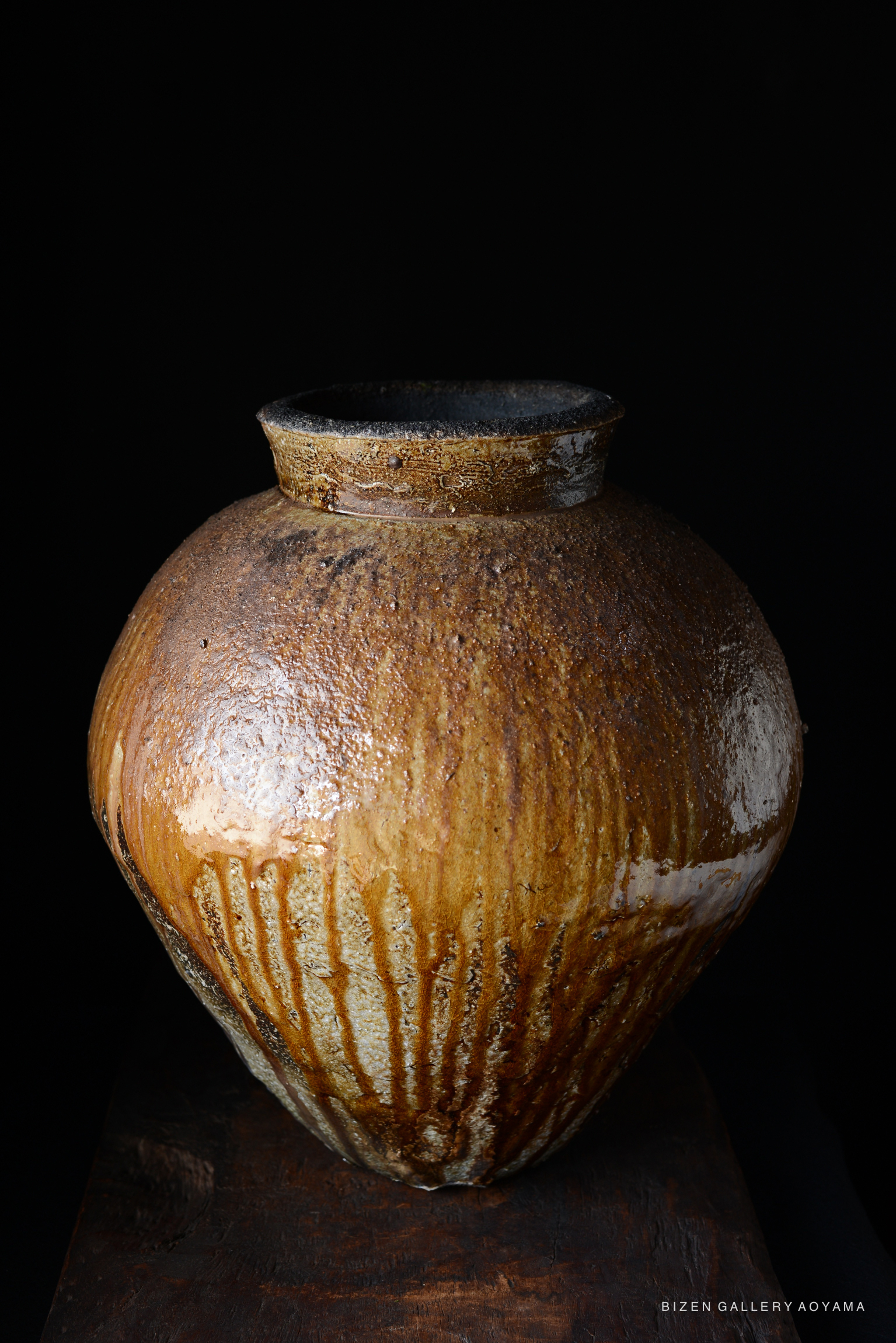 A Bizen pottery large vase with a rounded body and a narrow neck, featuring earthy tones and a textured surface, displayed against a dark background.