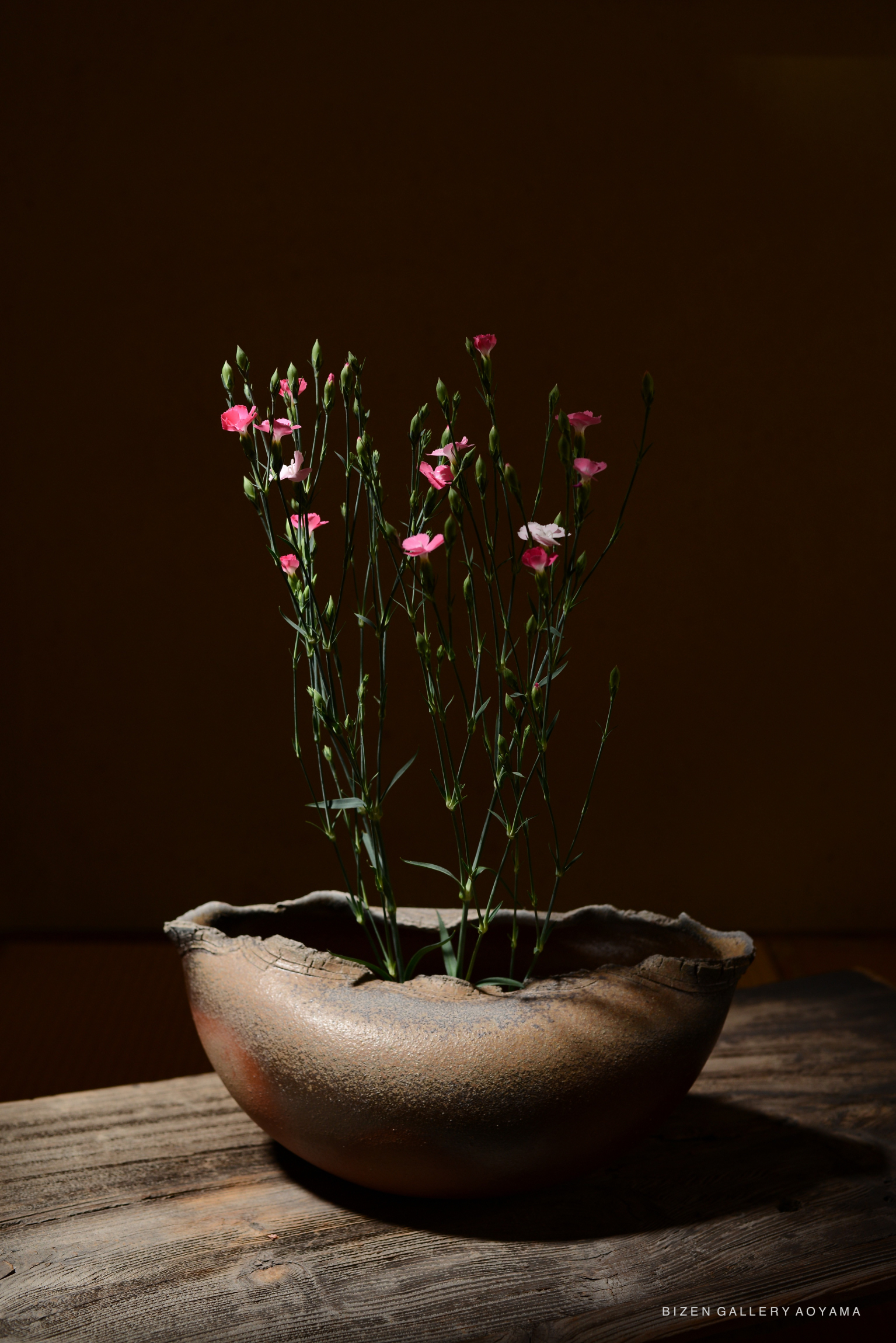 A rustic Bizen pottery vase with pink flowers, set against a dark background.