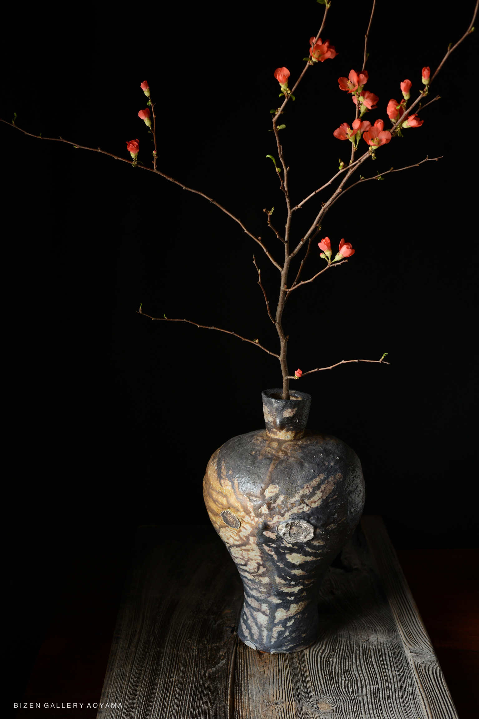 A decorative ceramic vase with a textured surface, featuring a slender branch adorned with pink blossoms, set against a dark background.
