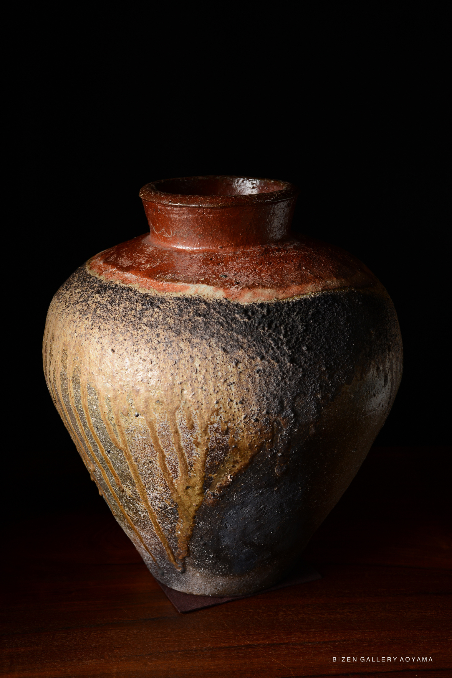 A close-up view of a traditional Bizen Tsubo, showcasing its textured surface with earthy tones of brown, black, and gold against a dark background.