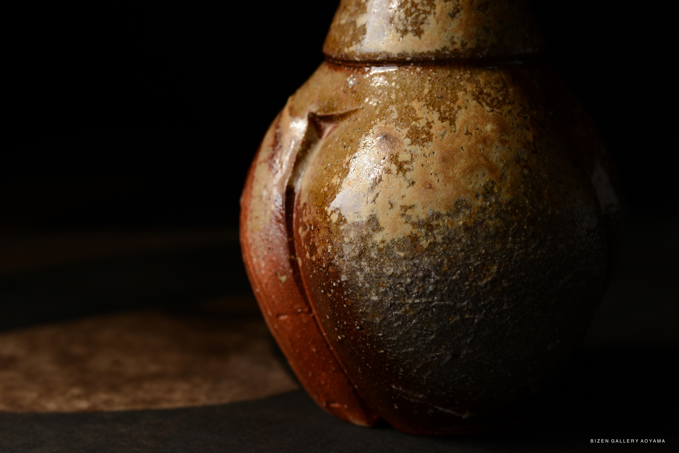 Close-up of a Bizen Tokkuri, a traditional Japanese sake vessel, showcasing its textured surface and earthy colors.
