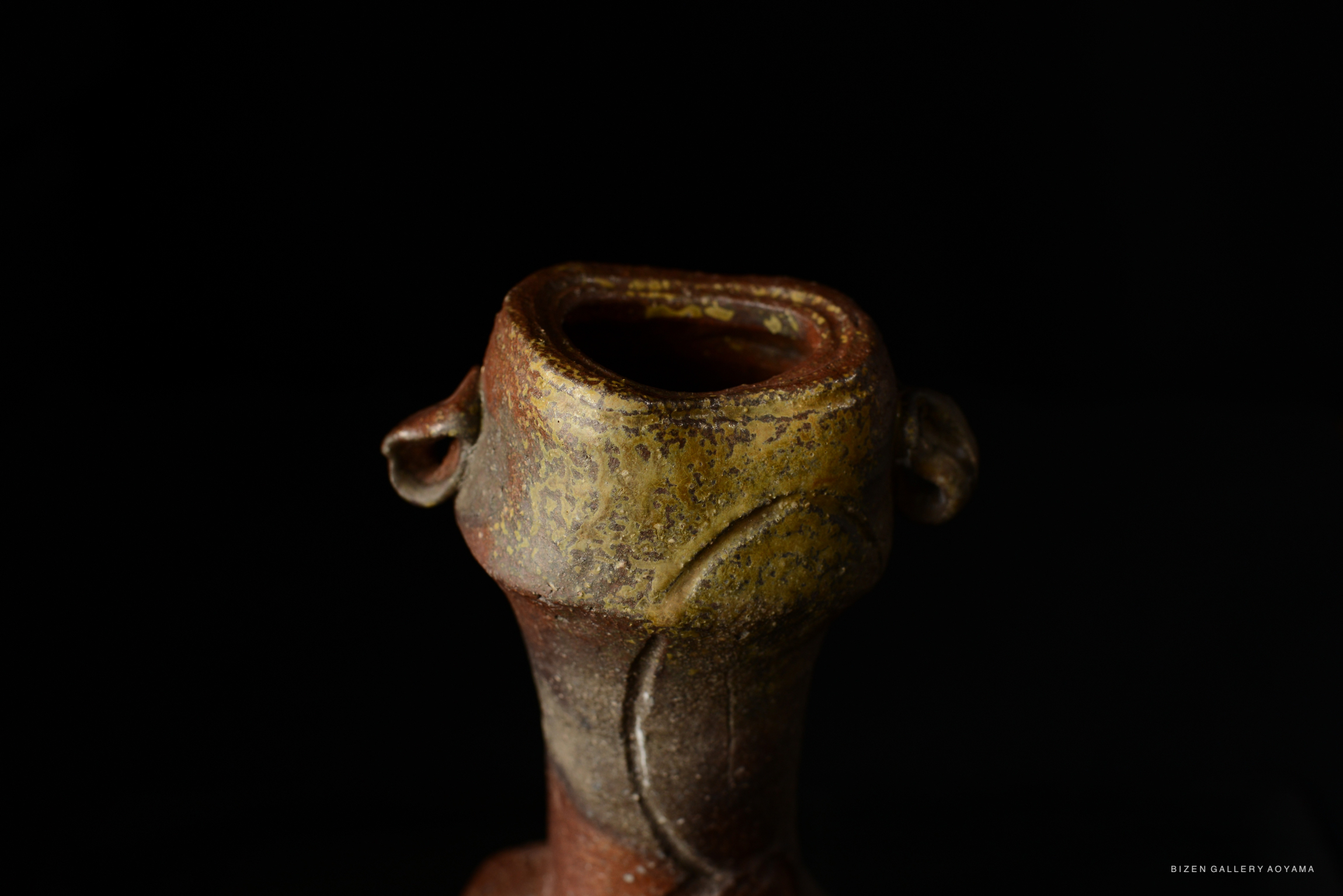 Close-up of a traditional Bizen pottery vase with a narrow neck and ear-like handles, showcasing earthy tones and textures against a black background.