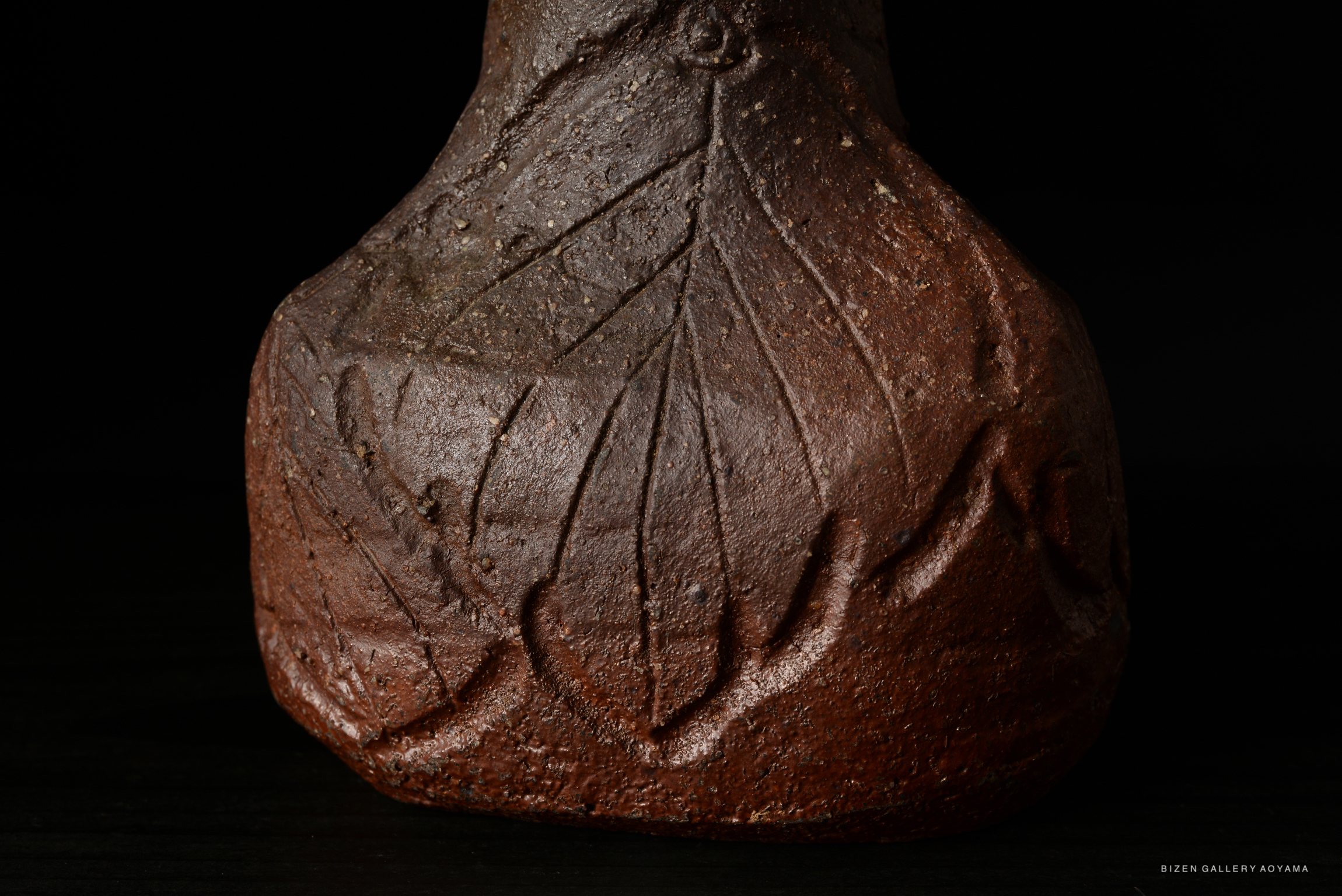 Close-up of a Bizen ceramic vase featuring intricate leaf patterns and a textured surface, against a dark background.