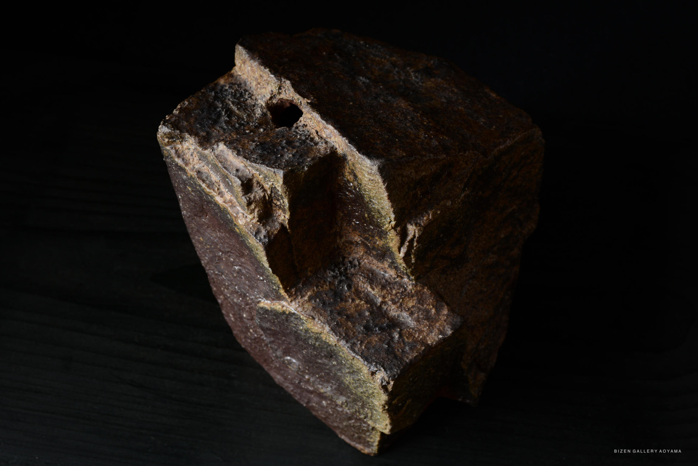 A textured, irregularly shaped stone with earthy tones displayed against a dark background.