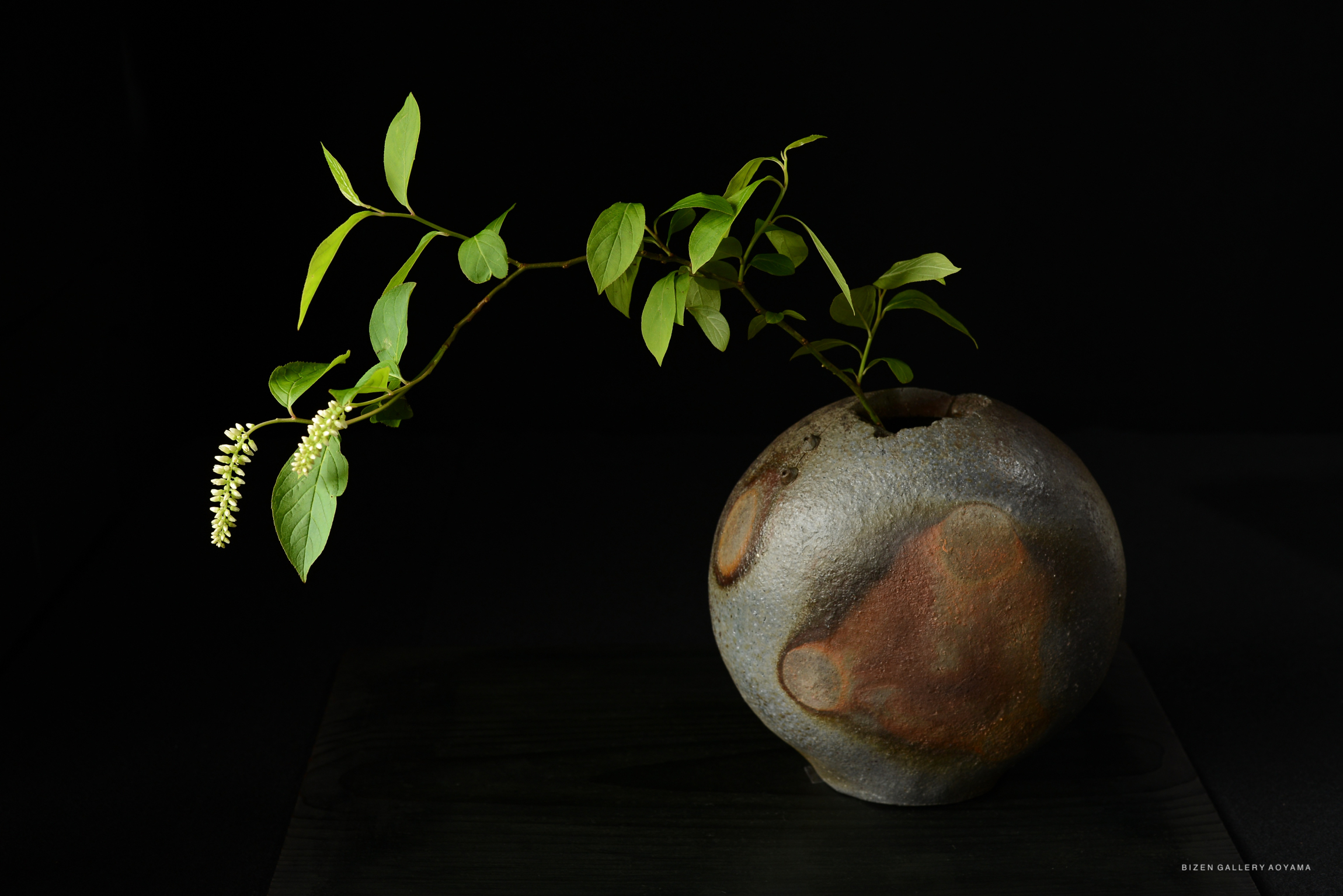 A round, textured ceramic vase in earthy tones with a small branch featuring green leaves and delicate white flowers, set against a black background.