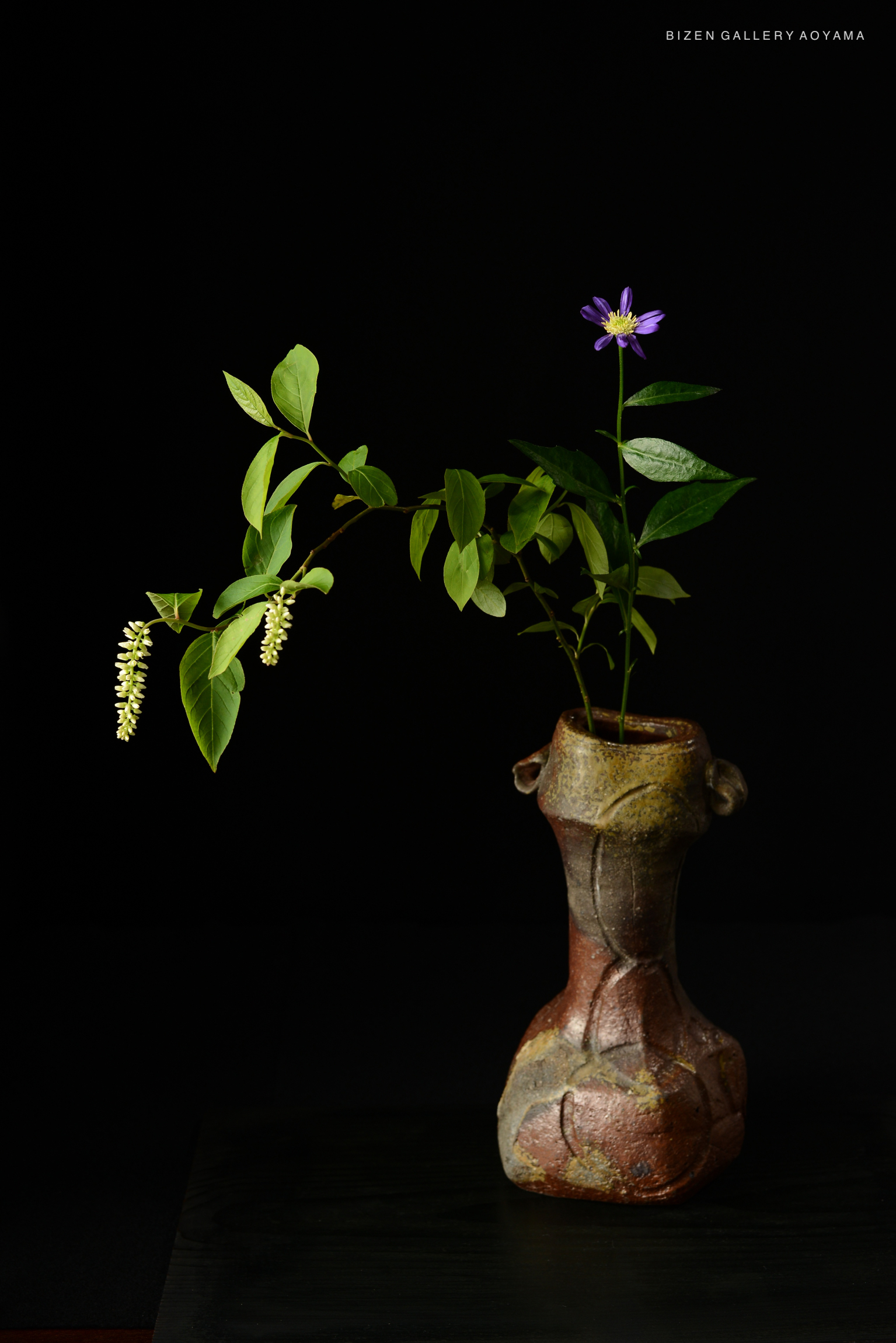 A vase with a unique design holds a branch of green leaves and a purple flower, set against a dark background.