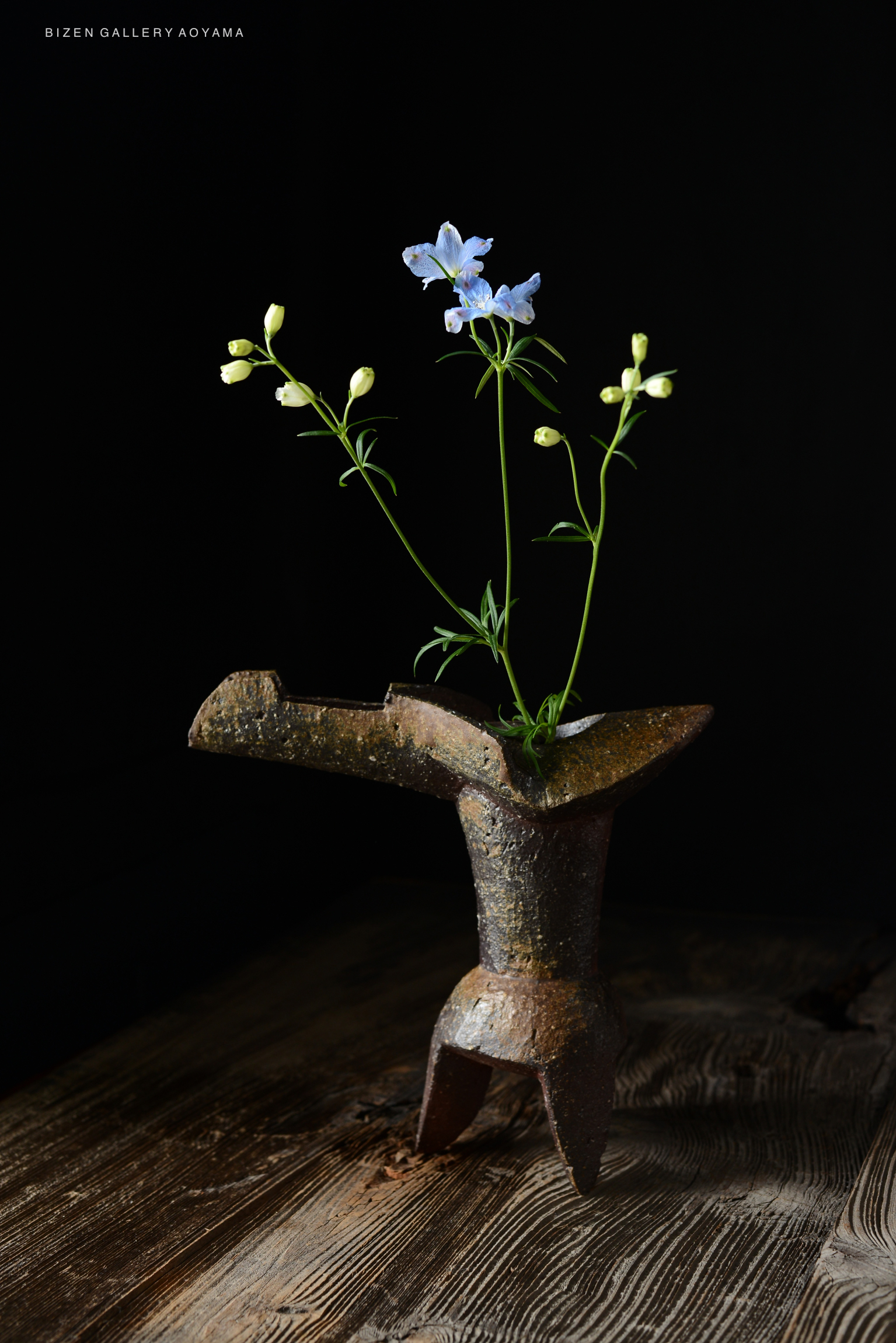 A traditional hanaire vase made of dark pottery, holding delicate blue and white flowers, set against a black background.