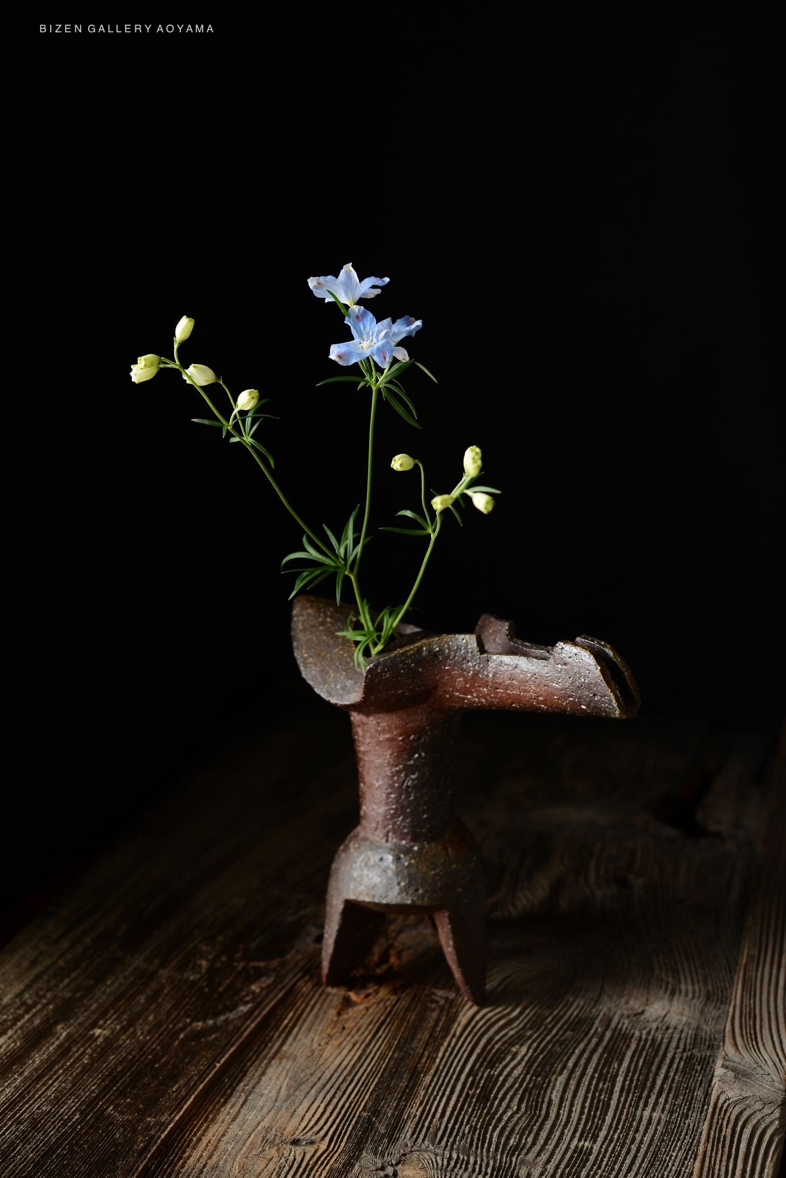 A ceramic vase with a unique design holds light blue flowers and green buds on a wooden table against a black background.