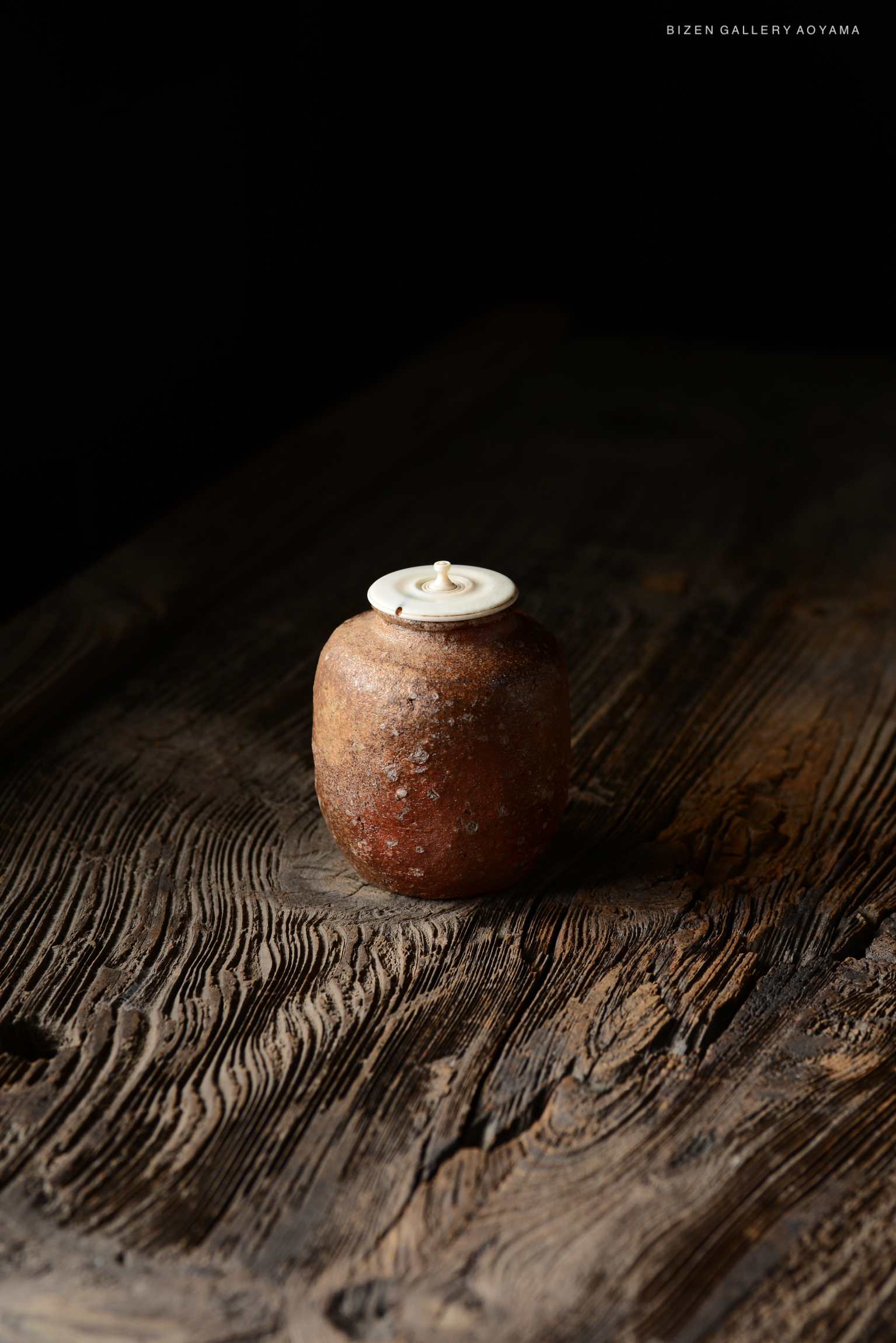 A Shigaraki Chaire, a traditional Japanese tea caddy, with an engraved signature 'Reisetsu', sitting on a textured wooden surface.