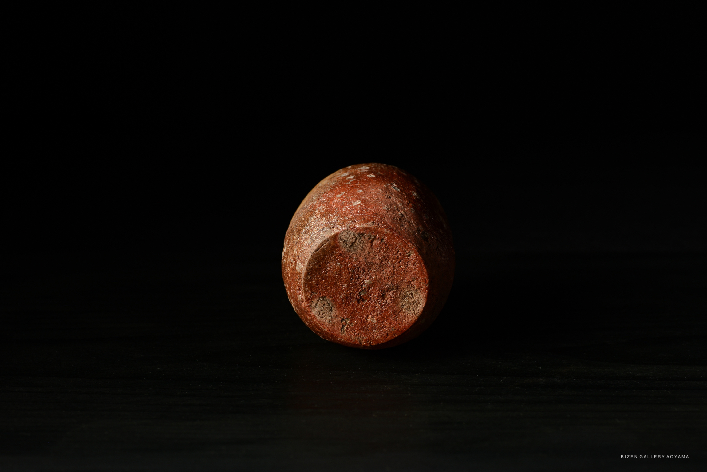Close-up of a Shigaraki Chaire teapot, showcasing its textured surface and engraved signature, set against a dark background.