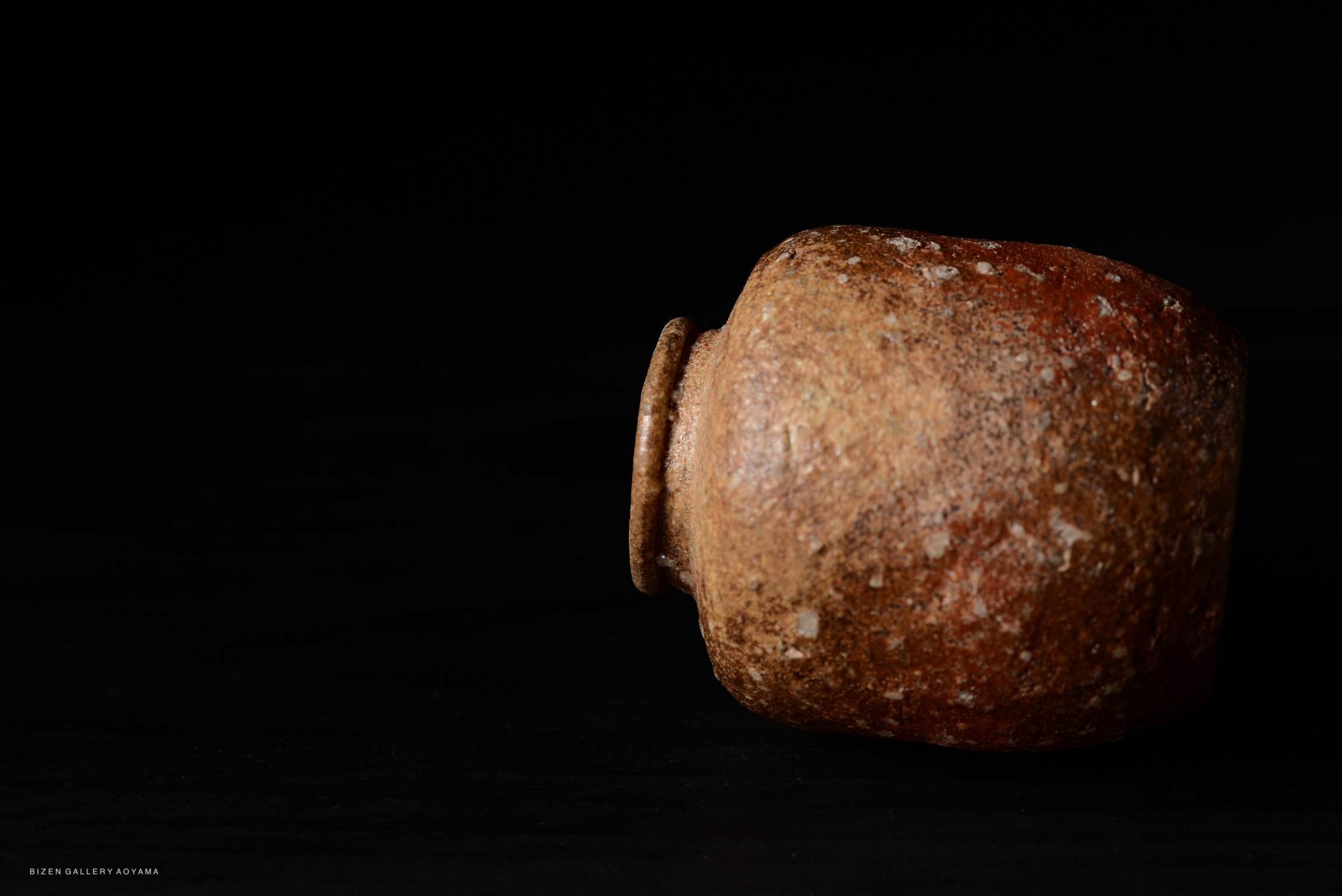 A close-up image of a Shigaraki Chaire, a traditional Japanese tea container, showcasing its textured surface and earthy tones against a dark background.