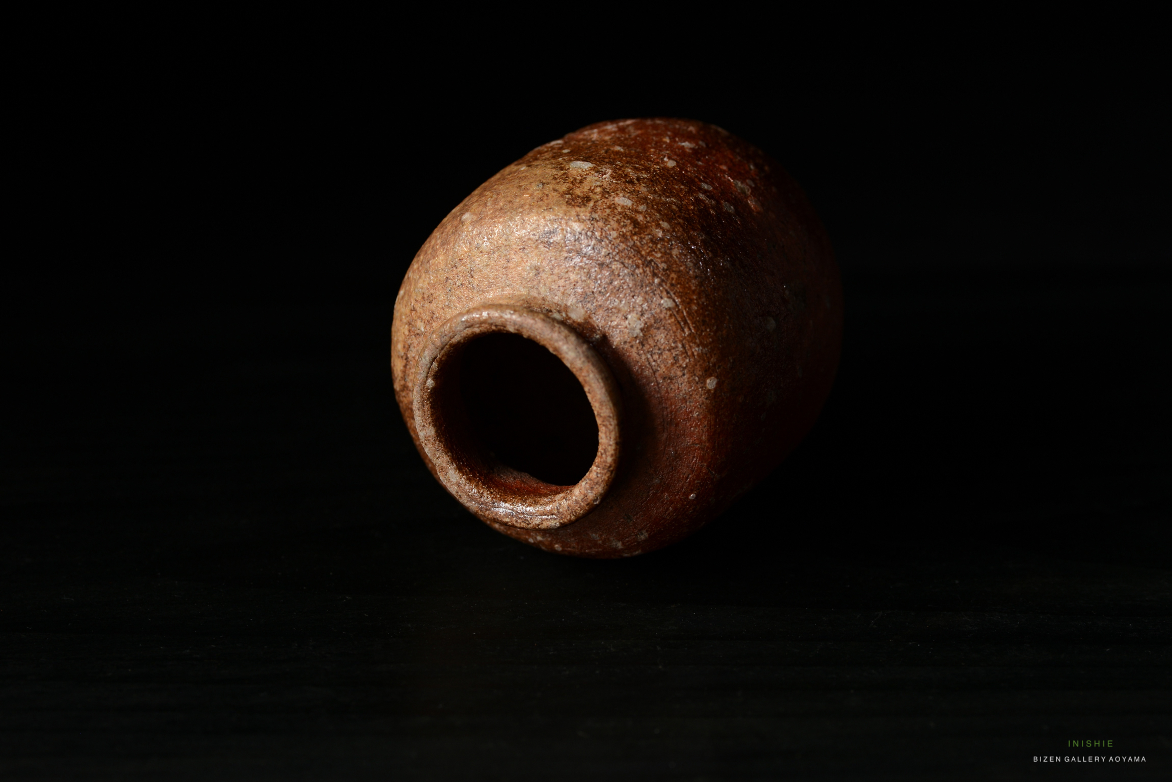 A close-up view of a Shigaraki Chaire, a traditional Japanese tea container, resting on a dark surface. The pottery features a textured, earthy surface with a round body and an open top.