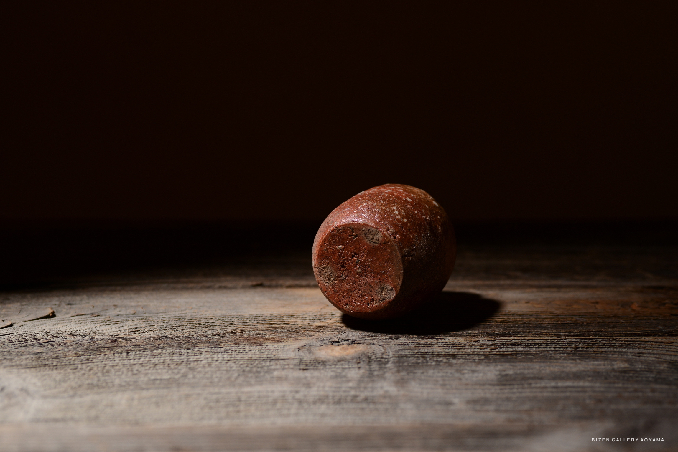 A Shigaraki Chaire, a Japanese tea container, displayed on a wooden surface. The earthenware piece has a rustic texture and a rounded shape, partially illuminated against a dark background.