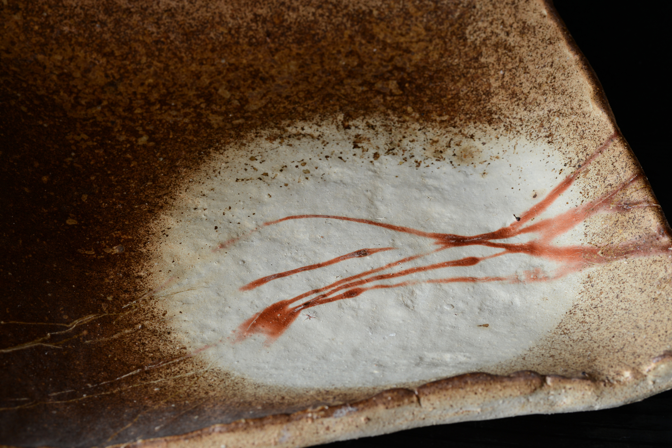 Close-up of a Bizen pottery plate with a textured brown and beige surface, featuring distinct reddish streaks.