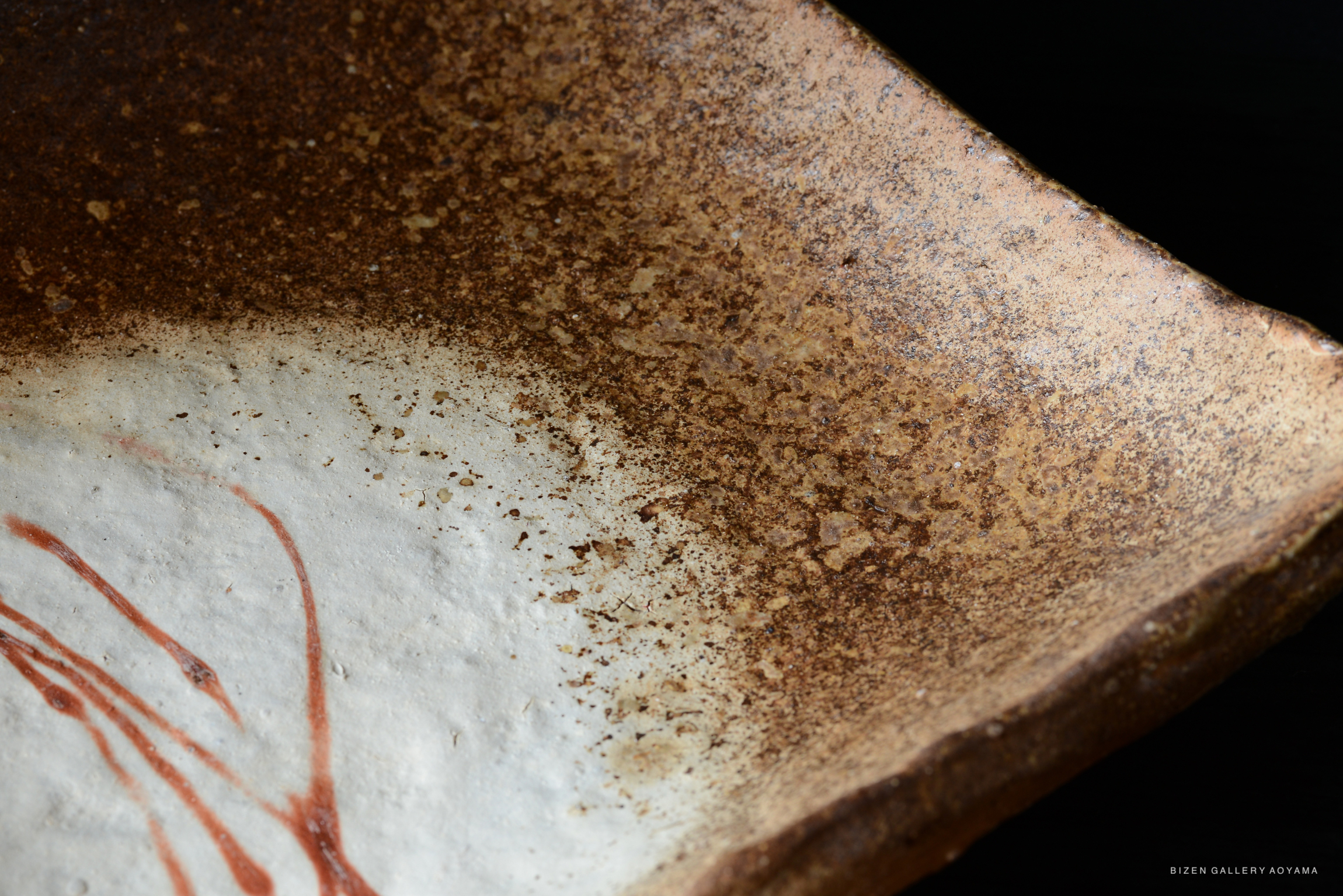 Close-up of a textured Bizen pottery plate featuring a brown and white color palette with artistic streaks.