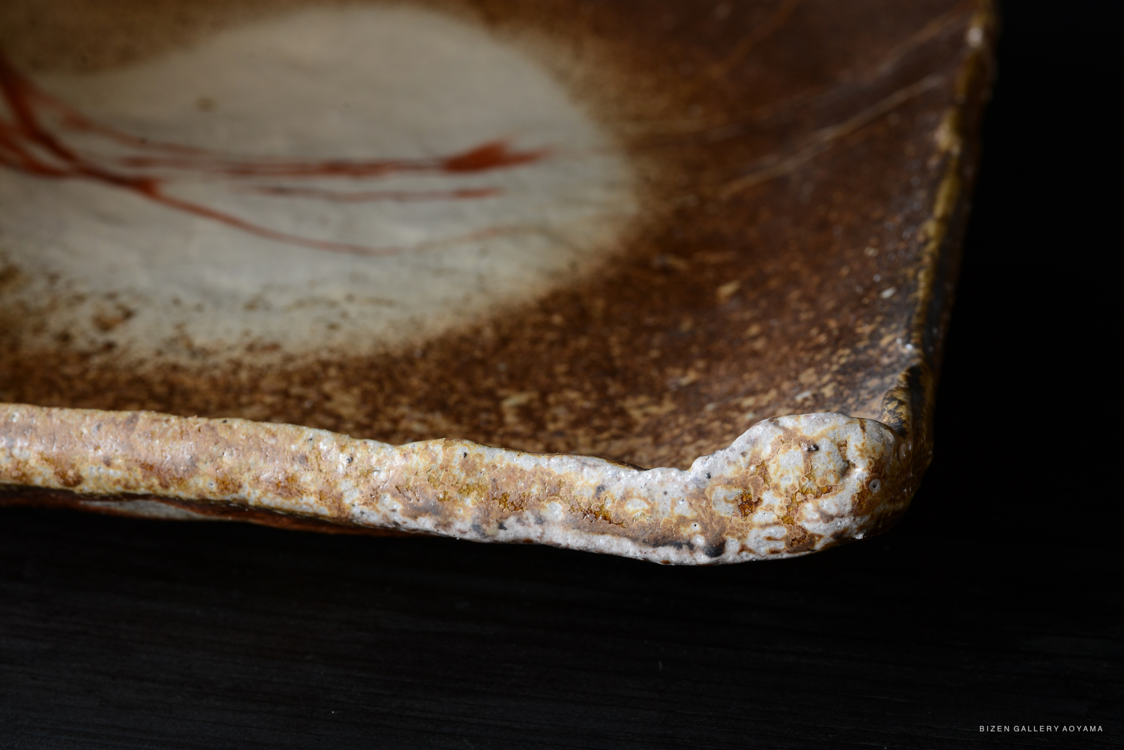 Close-up of a Bizen pottery plate showing a textured rim and artistic glaze patterns.