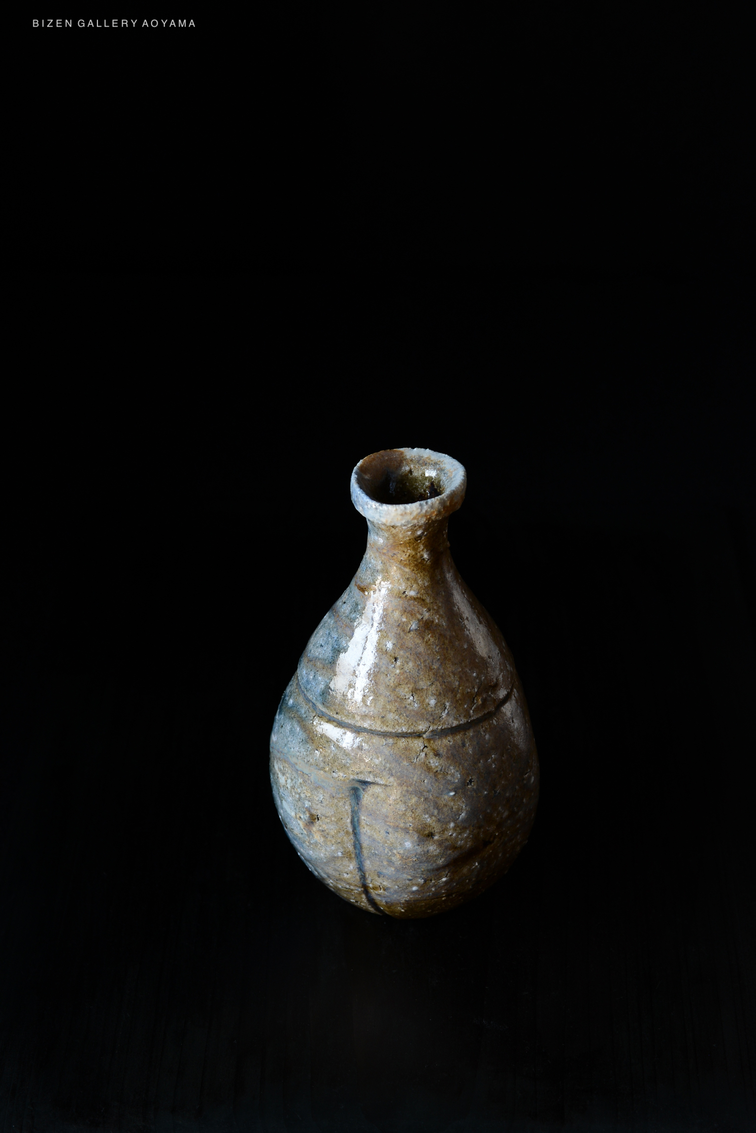 A traditional Japanese Bizen pottery vase with a rounded body and a narrow neck, displayed against a dark background.