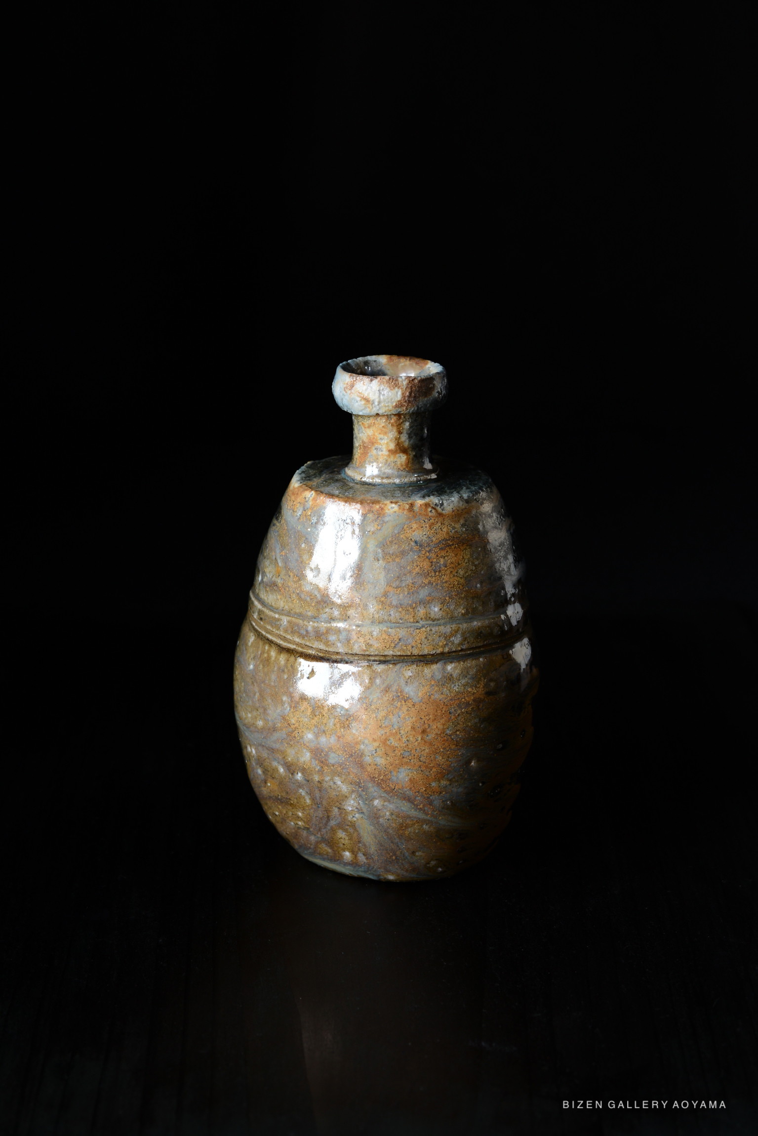 A traditional Bizen pottery Tokkuri (sake flask) with a textured surface and earthy tones, displayed against a black background.