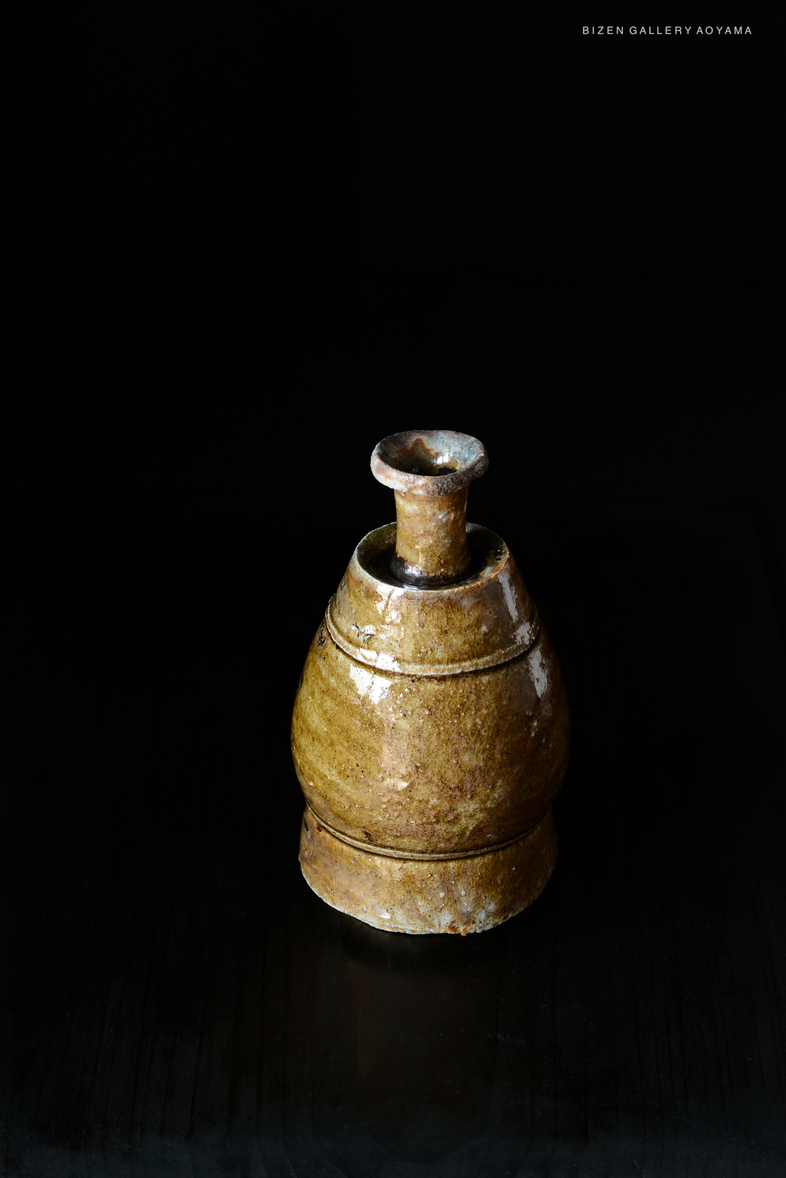 A traditional Bizen pottery sake server, known as Kuro Tokkuri, featuring a brown glazed surface and an elegant, curvy shape, against a black backdrop.