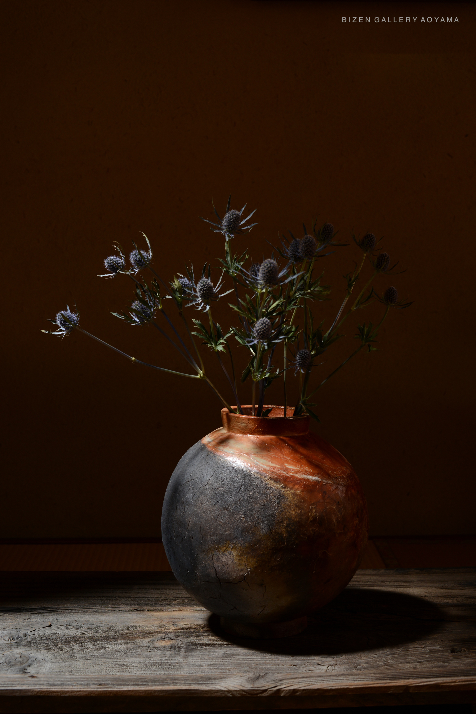 A decorative ceramic vase with a rounded shape, featuring a dark, textured surface and a glossy, reddish-brown neck, holding an arrangement of thistle flowers against a softly lit background.