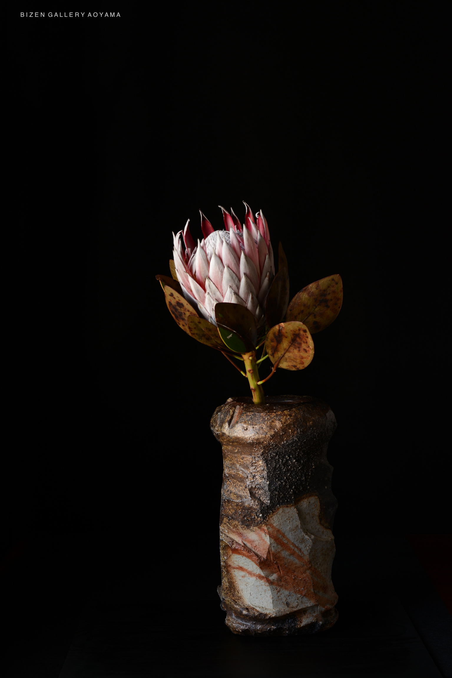 A ceramic vase with a textured surface and floral arrangement featuring a pink protea flower and leaves, set against a dark background.
