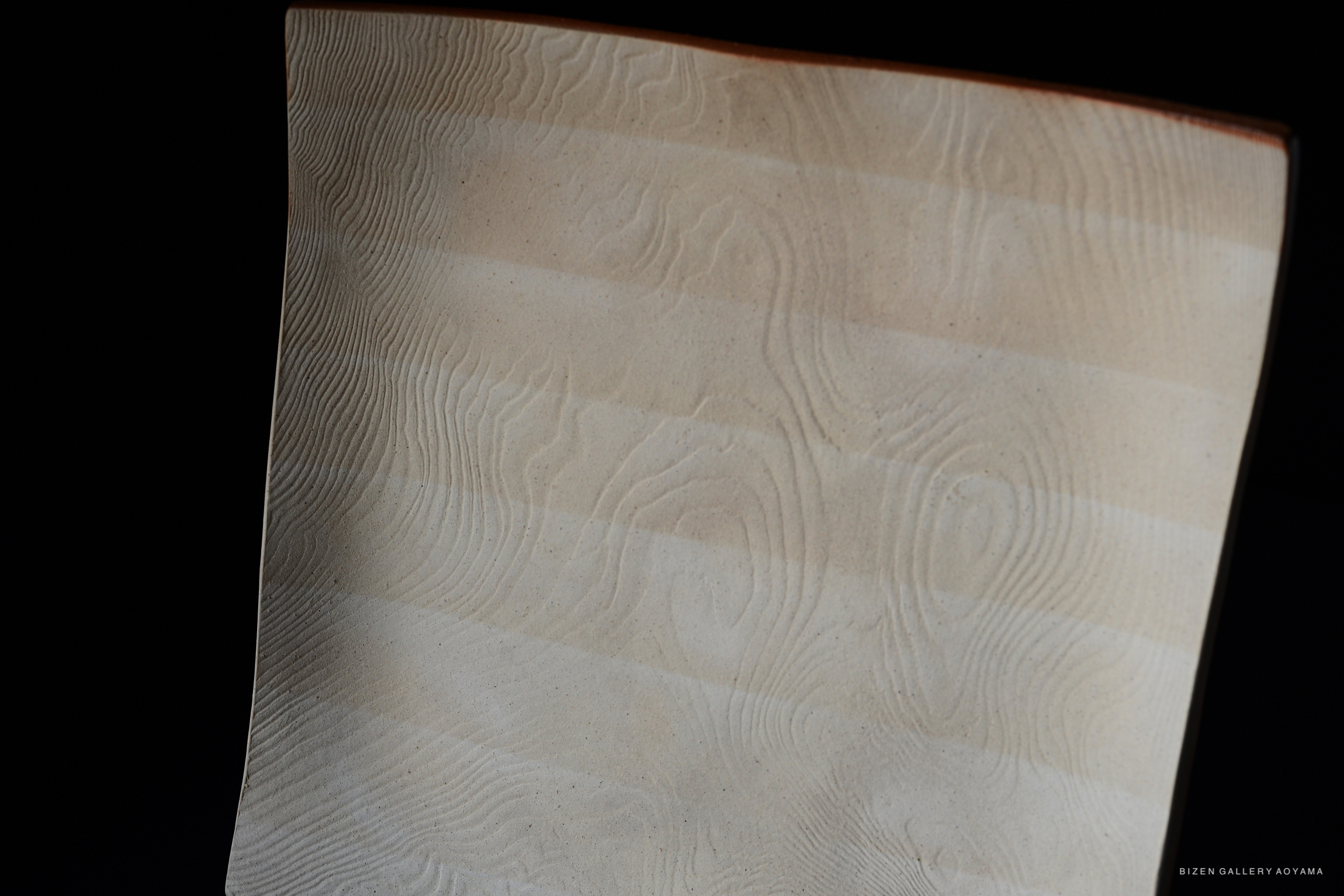 Close-up of a ceramic plate showcasing a textured surface with wave-like patterns in a natural color.