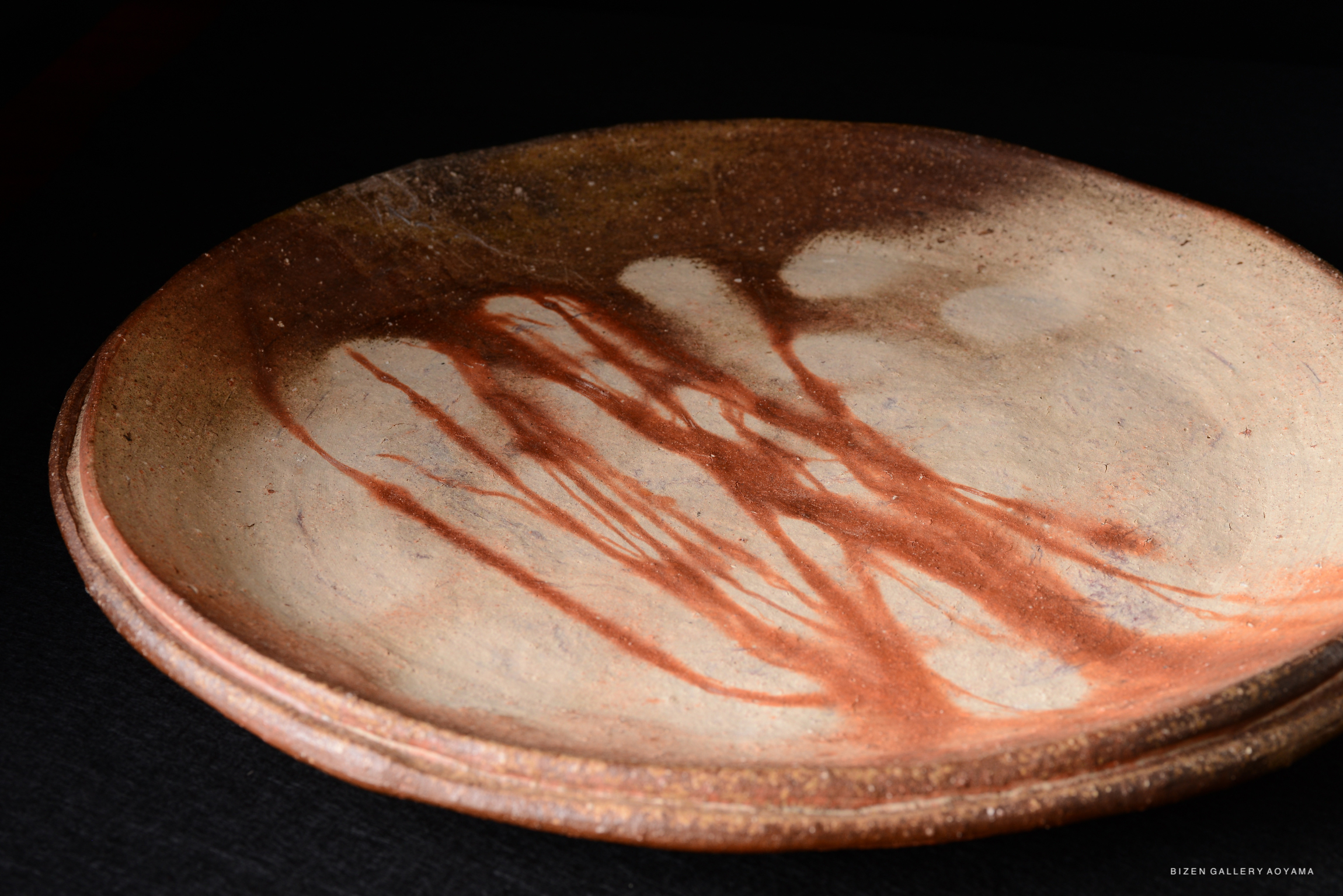 Close-up of a ceramic plate featuring rich textures and unique iron oxide patterns.