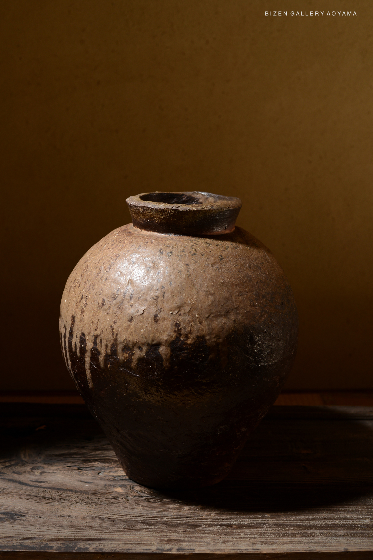 A large, rustic Bizen pottery vase with a rounded body and a narrow neck, showcasing earthy tones and a textured surface.