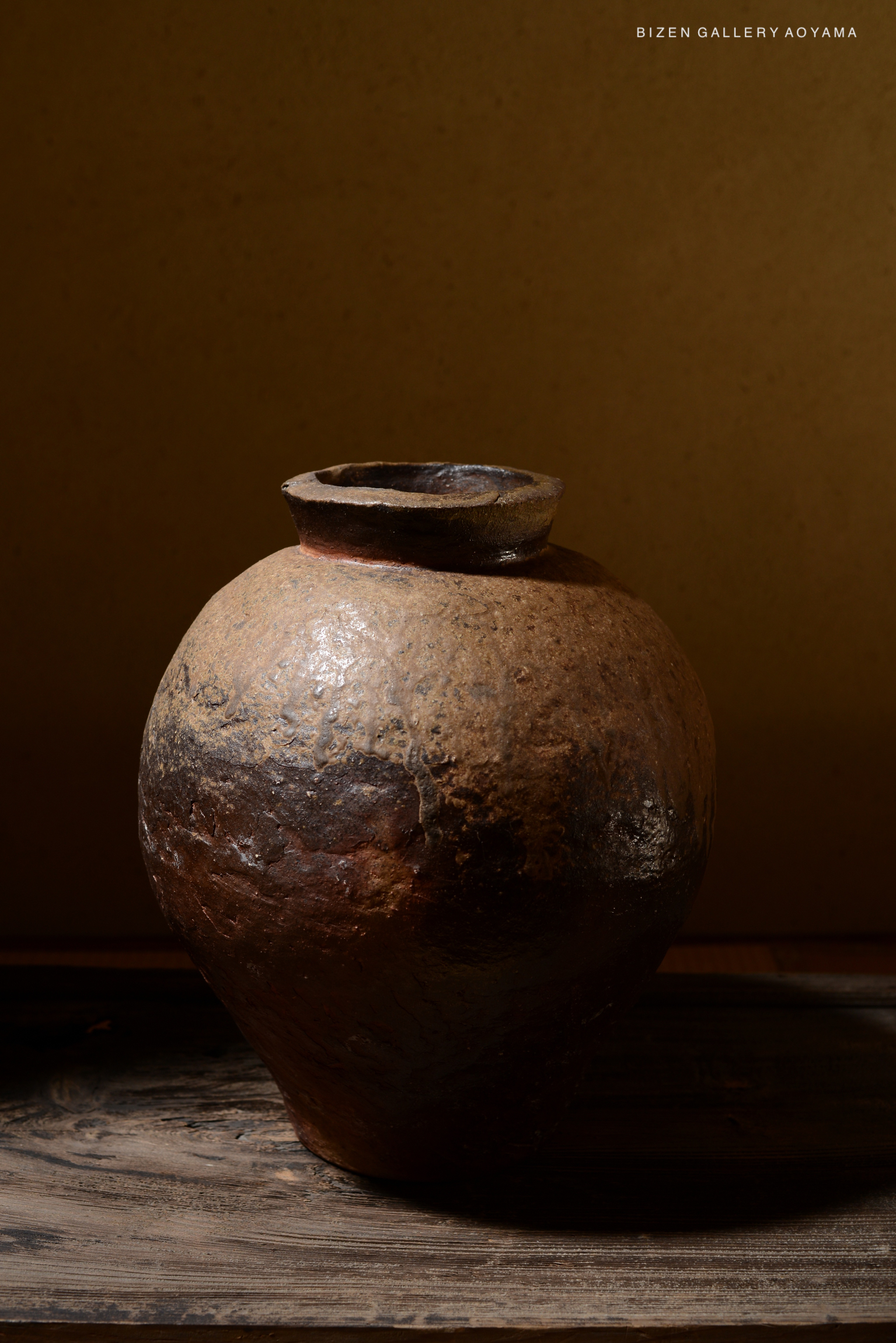 A rustic ceramic pot with a rounded body and a small neck, featuring a textured surface and earthy tones, displayed on a wooden surface with a neutral background.