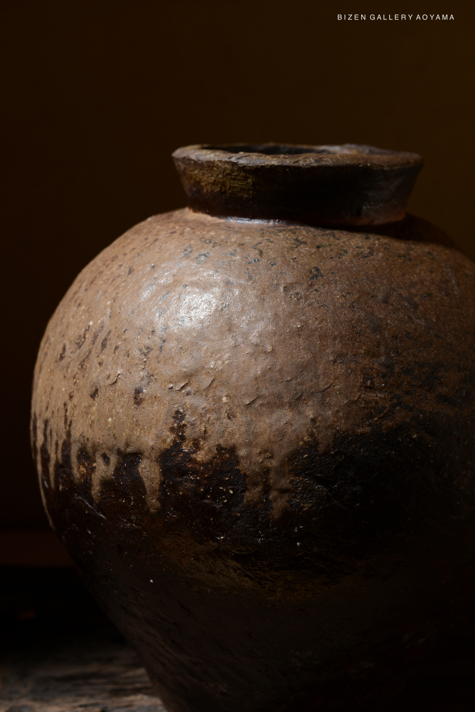 Close-up of a traditional Bizen pottery tsubo featuring a textured surface with dark and earthy tones, set against a softly lit background.