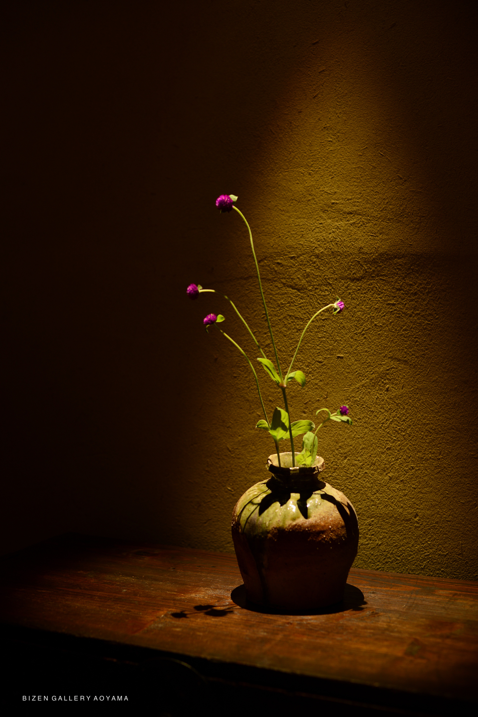 A traditional ceramic vase on a wooden table with flowers, illuminated by soft lighting against a textured background.