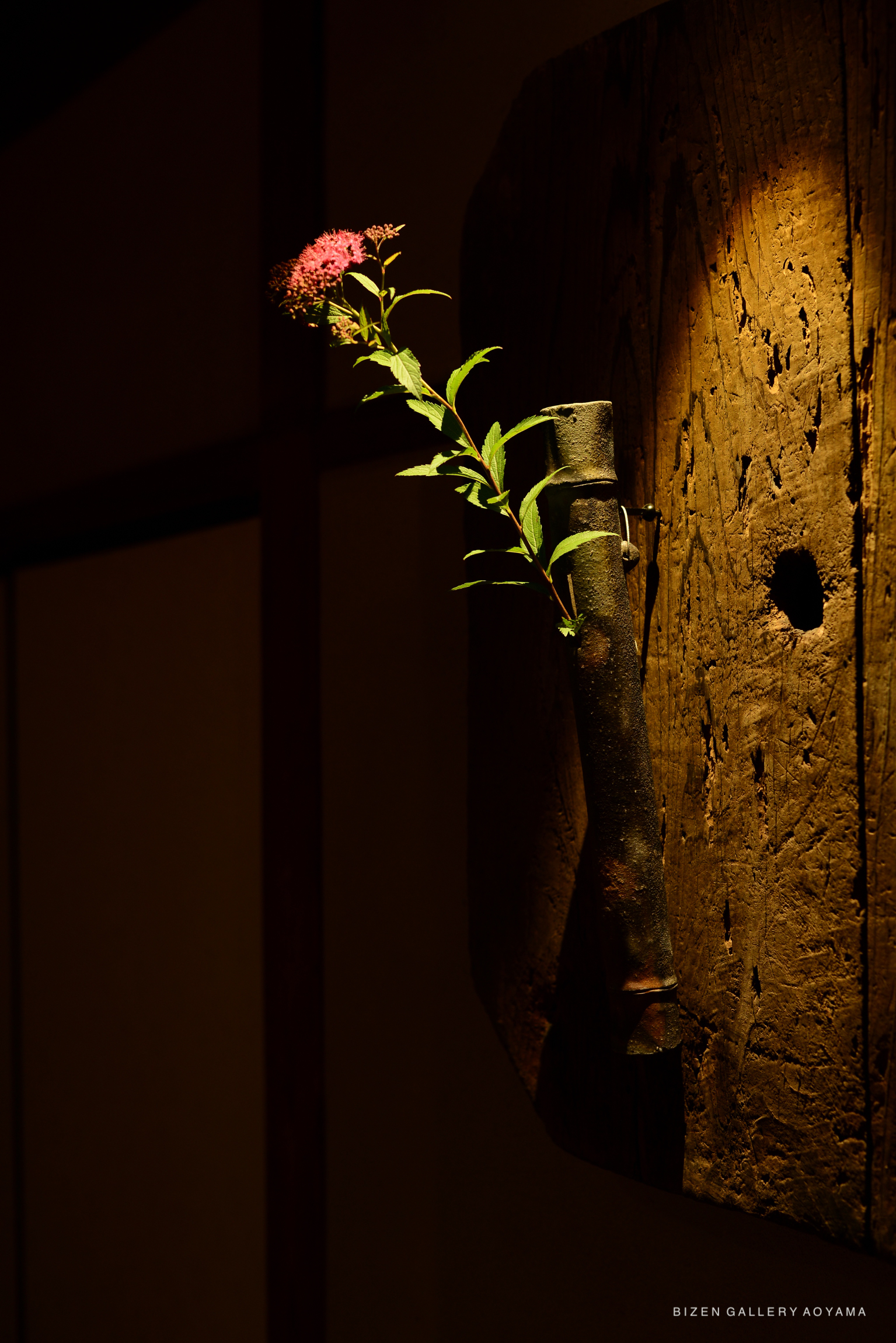 A flower displayed in a unique, dark ceramic vase against a wooden background, illuminated by soft lighting.
