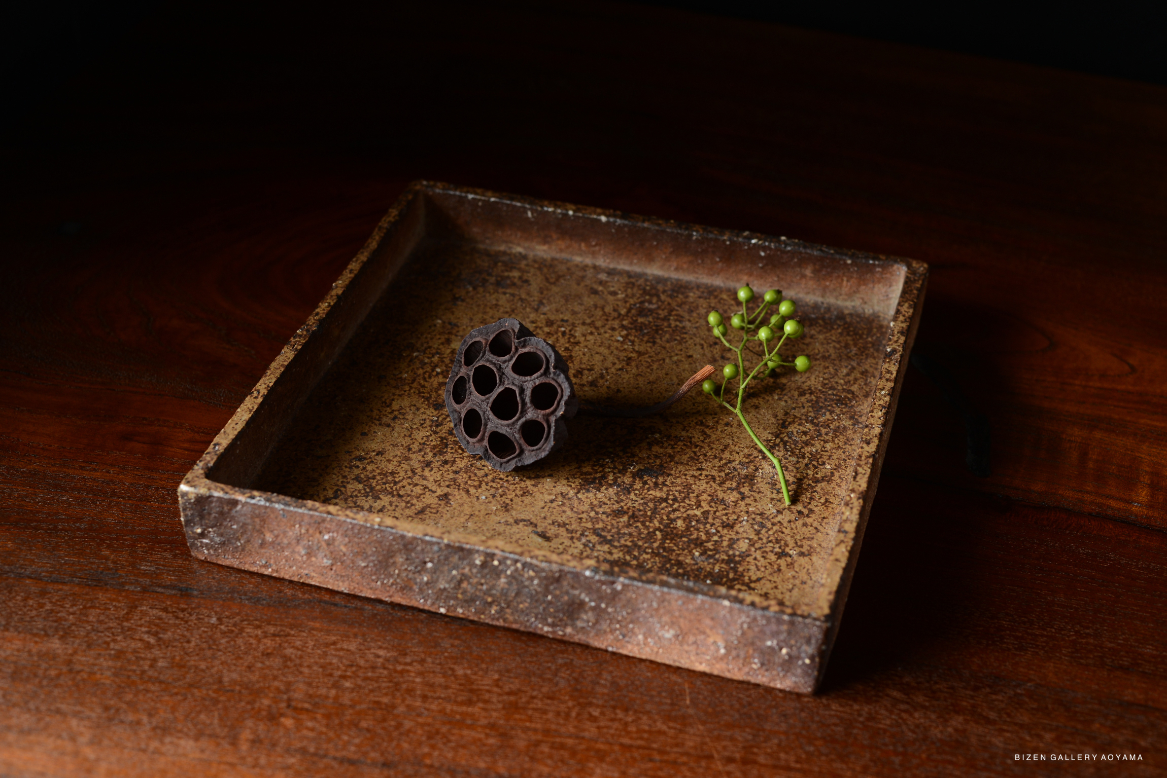 A rustic ceramic dish holding a dried lotus seed pod and a small green sprig on a wooden surface.