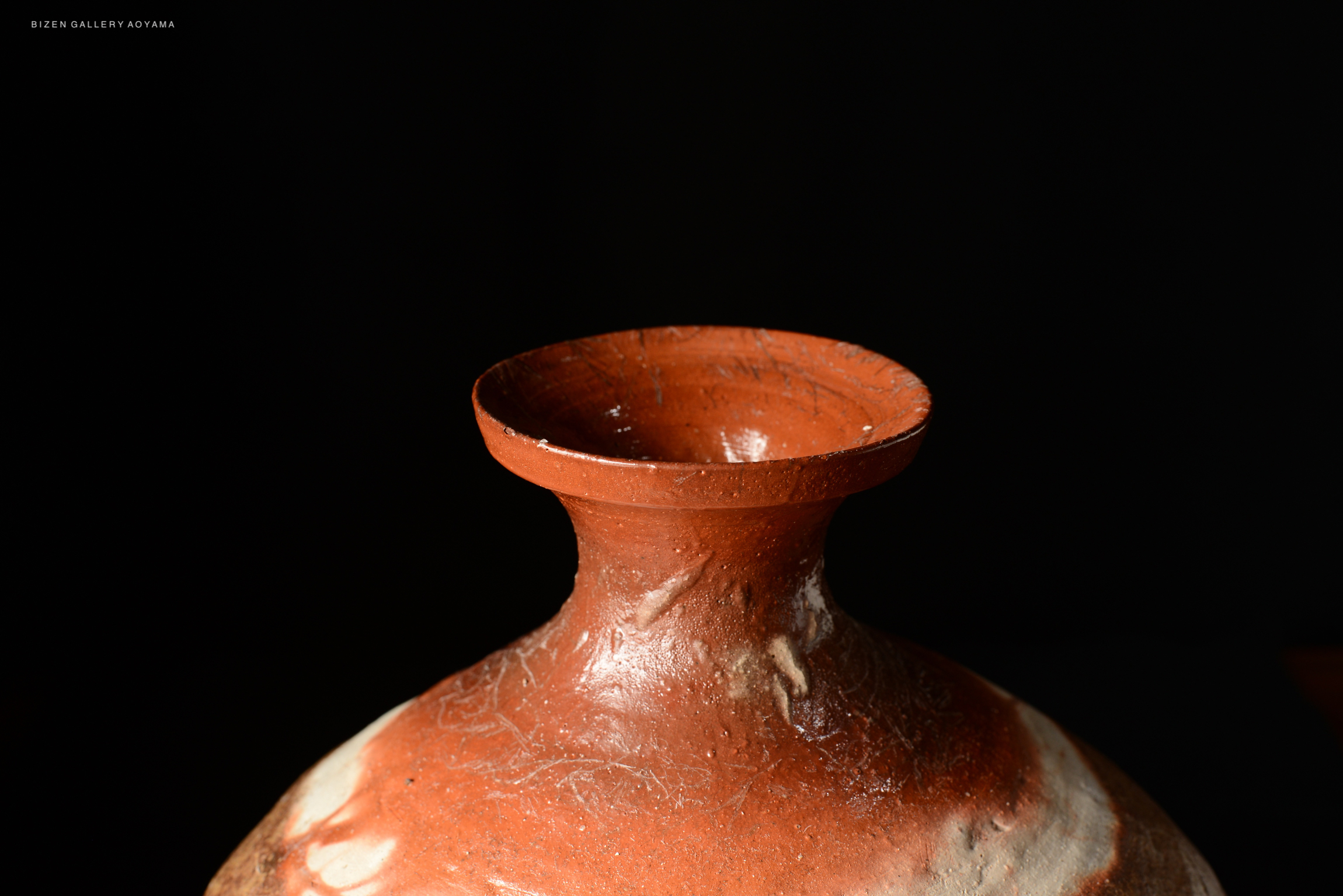 Close-up of a Bizen O Kabura Tokkuri, a traditional Japanese pottery sake bottle, showcasing its distinctive shape and texture against a dark background.