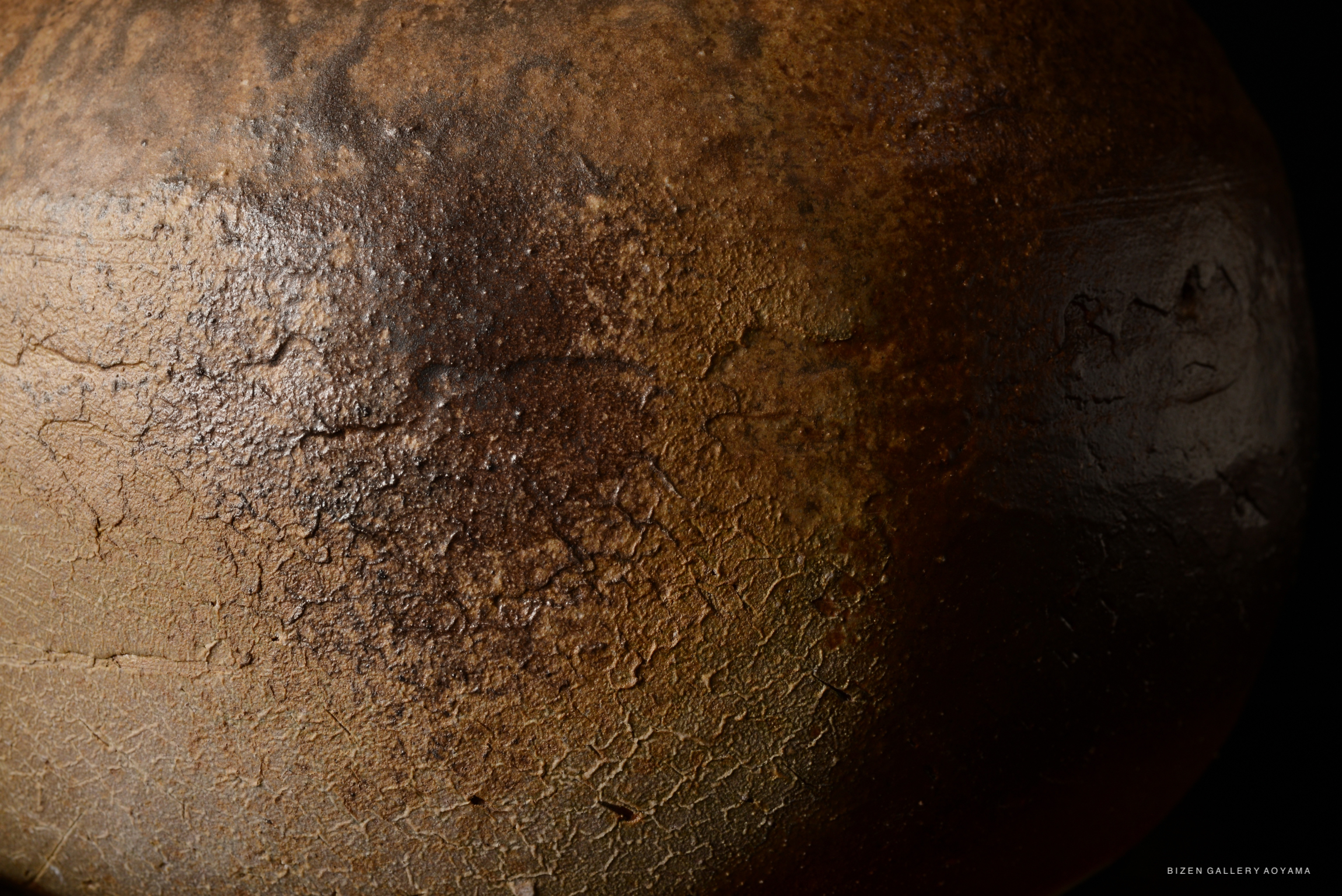 Close-up of the surface texture of a Bizen O Kabura Tokkuri with earthy tones and intricate patterns.