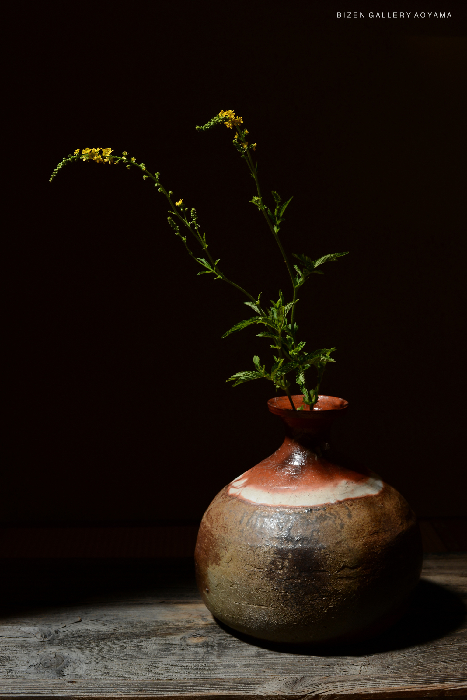 A rustic Bizen O Kabura Tokkuri vase with flowers arranged in it, set against a dark background showcasing its unique color and texture.