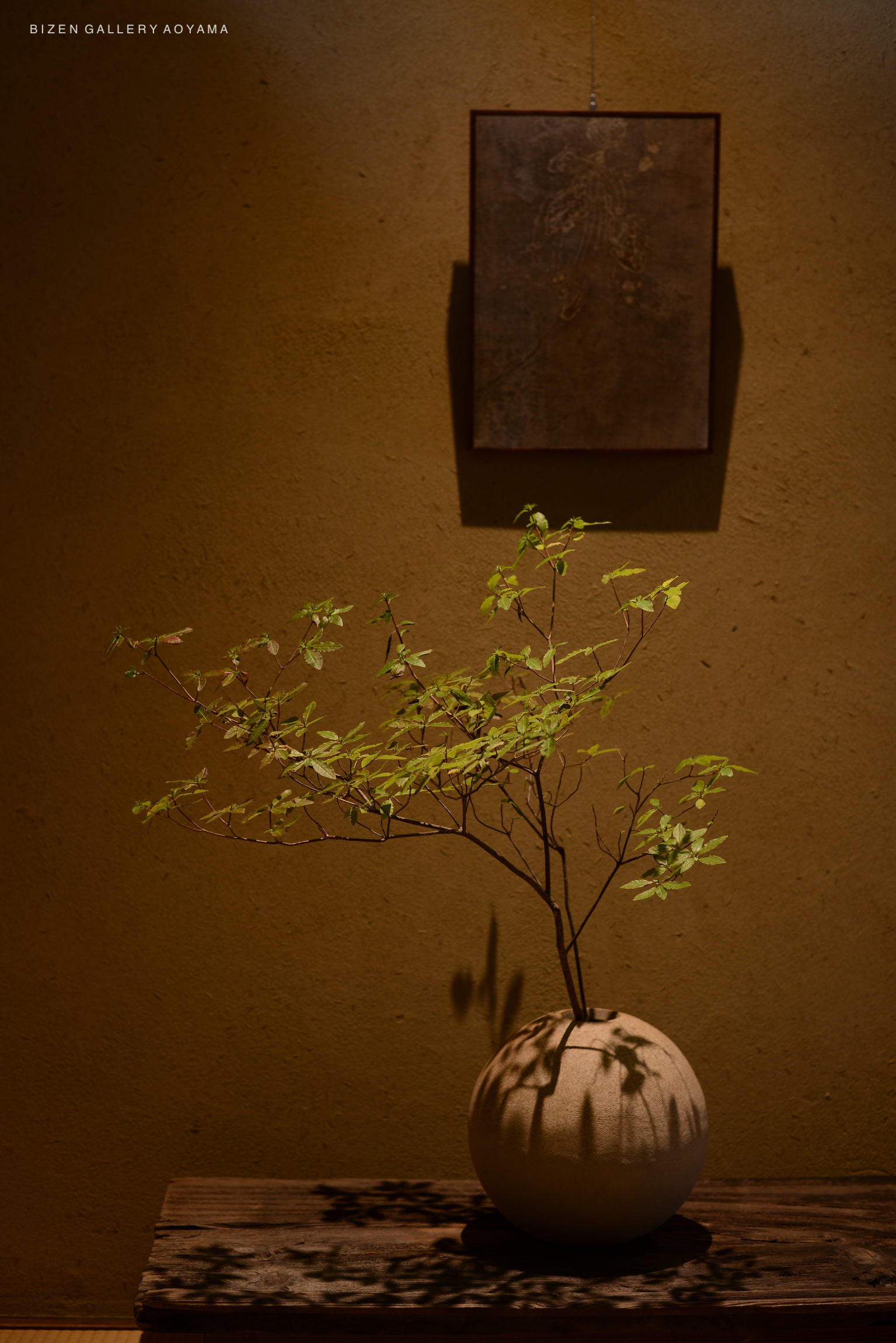 A round Bizen pottery vase with a branch of green leaves, casting shadows on a wooden table. A textured wall and an art piece are in the background.