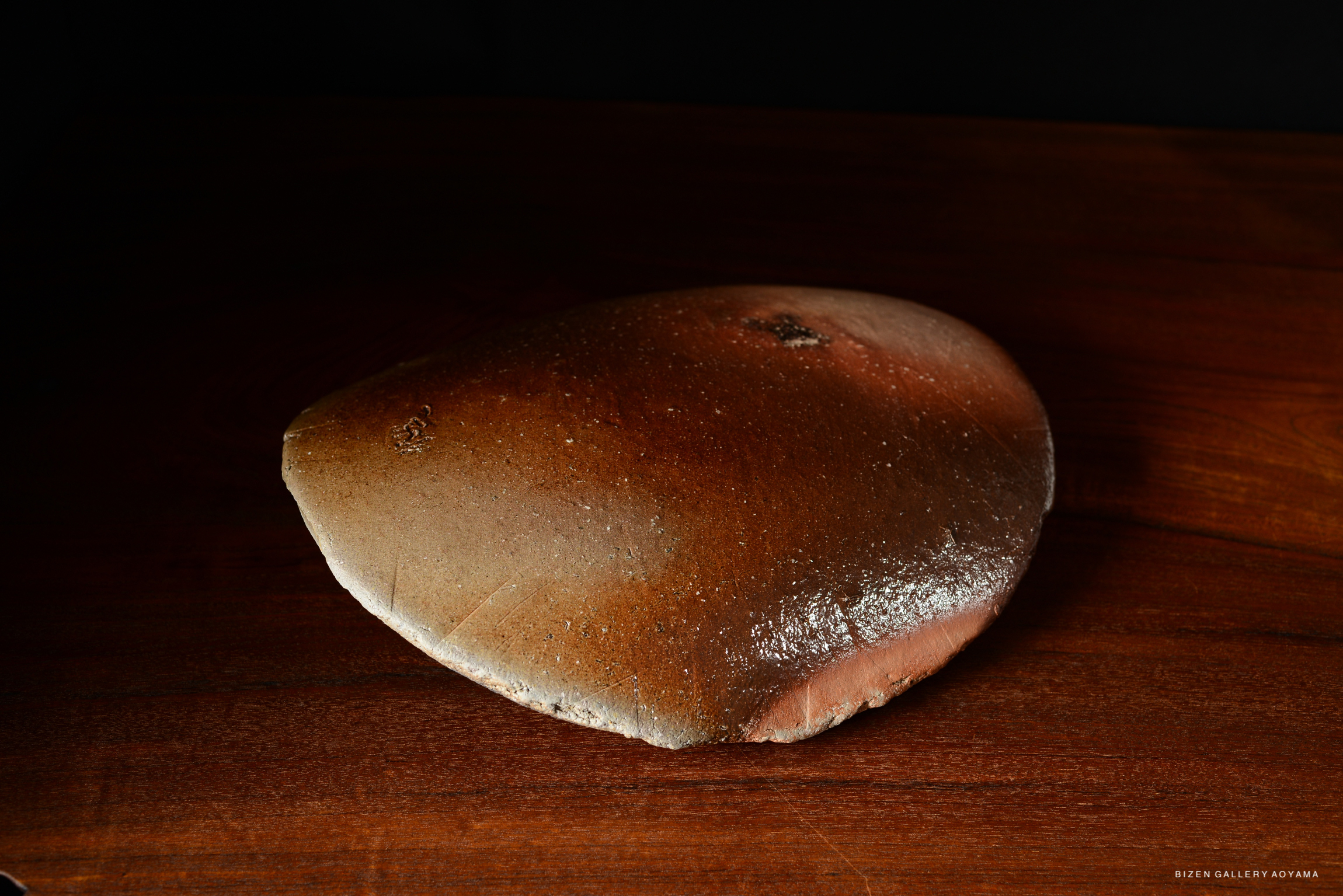 A close-up of a brown, stone-like object resting on a wooden surface, with a glossy finish and a slightly curved shape.
