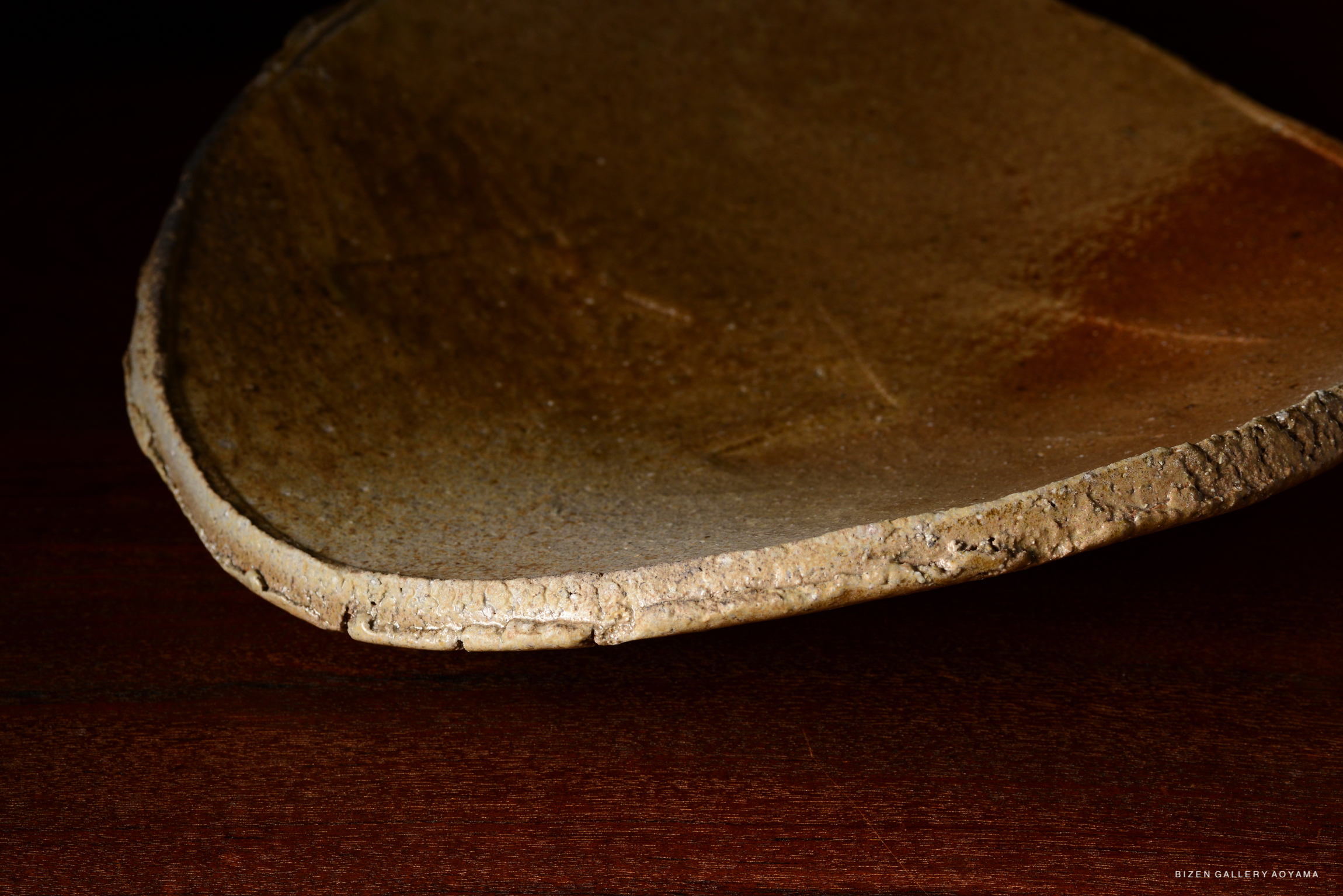 Close-up of a rustic ceramic plate with a textured surface, set against a wooden background.