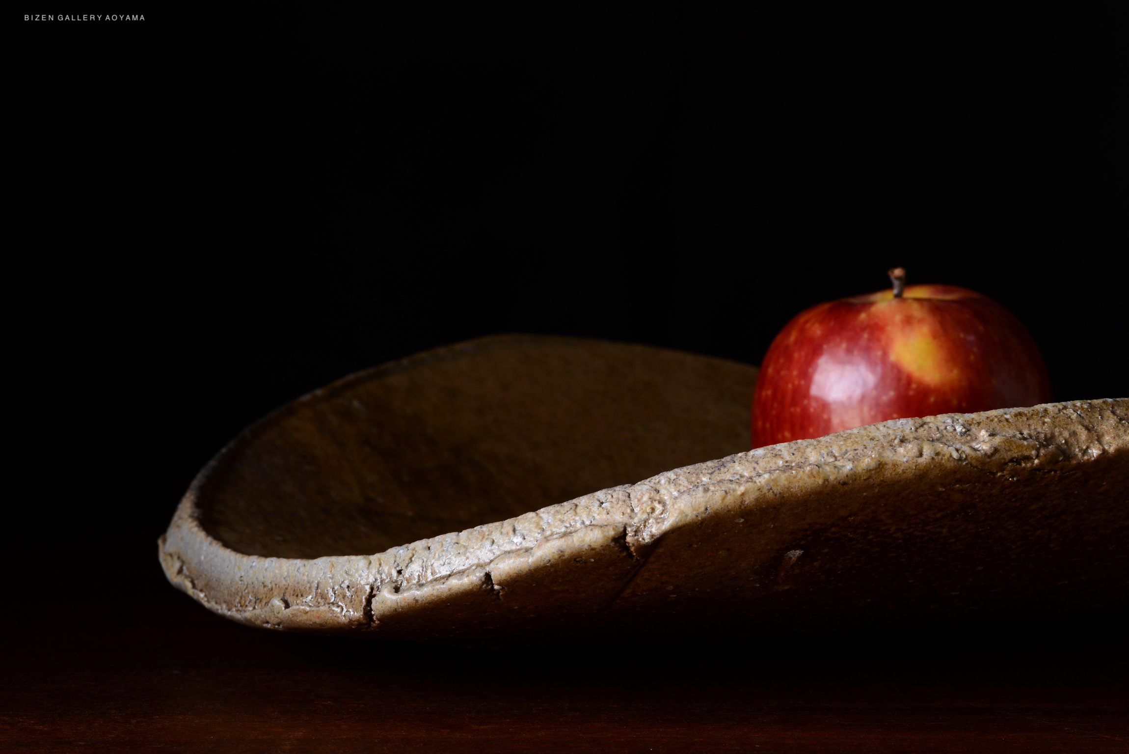 A close-up of a red apple resting on a rustic, textured bowl. The background is dark, emphasizing the apple and the bowl's surface.