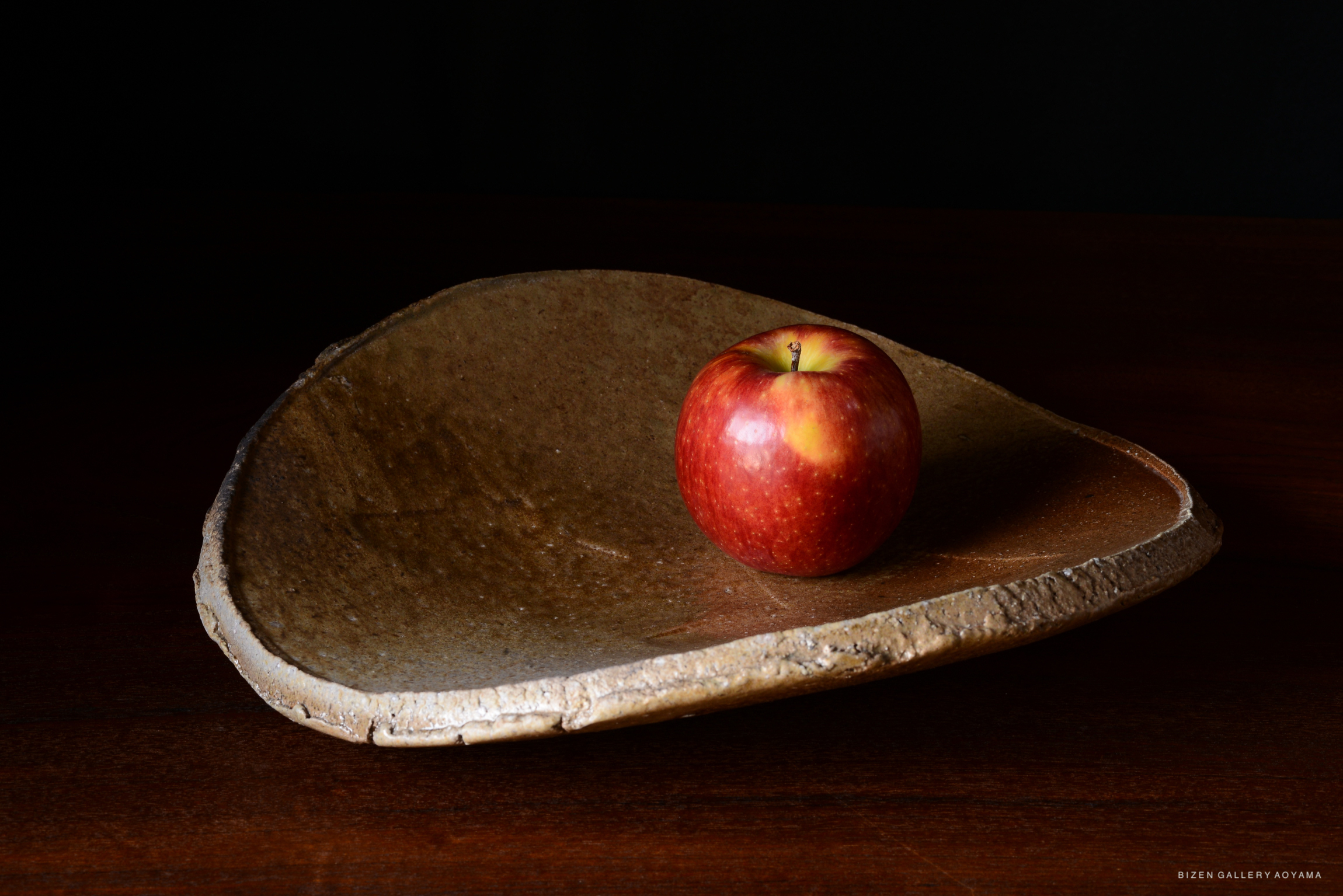 A red apple resting on a textured, natural-looking ceramic plate against a dark background.