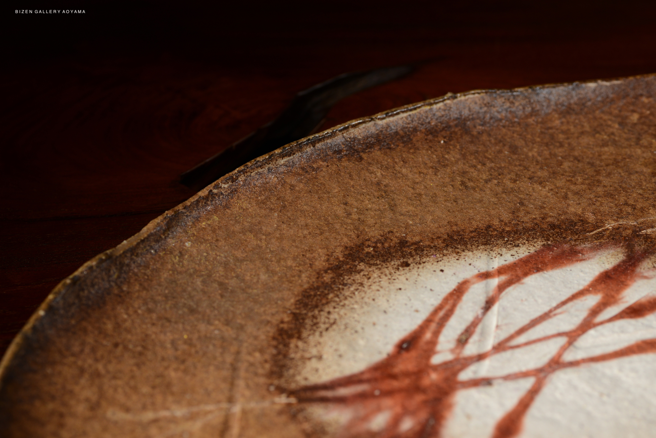 Close-up of a textured ceramic plate with earthy tones and artistic patterns.