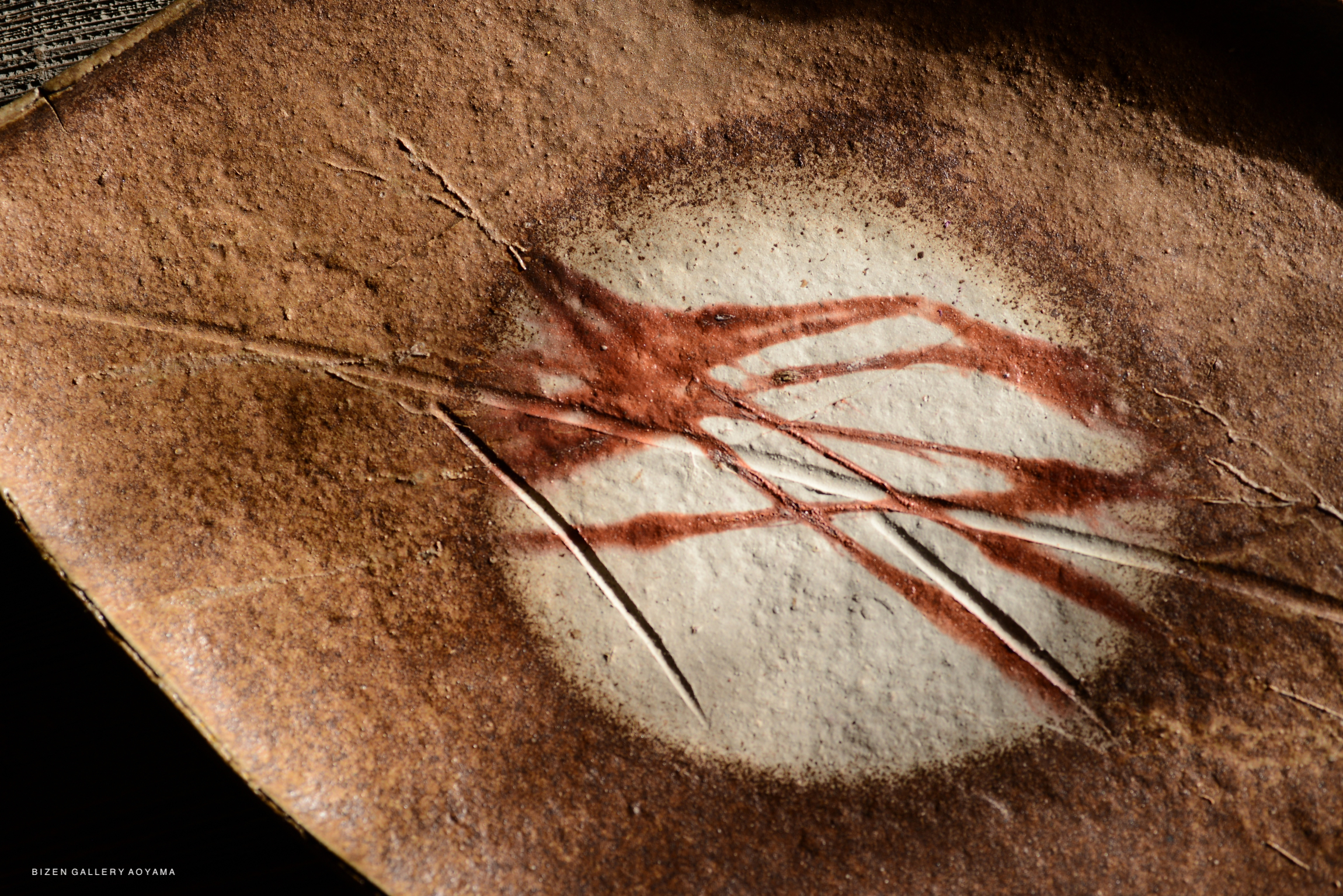 Close-up image of a clay plate showing a textured surface with reddish-brown markings and light-colored areas.