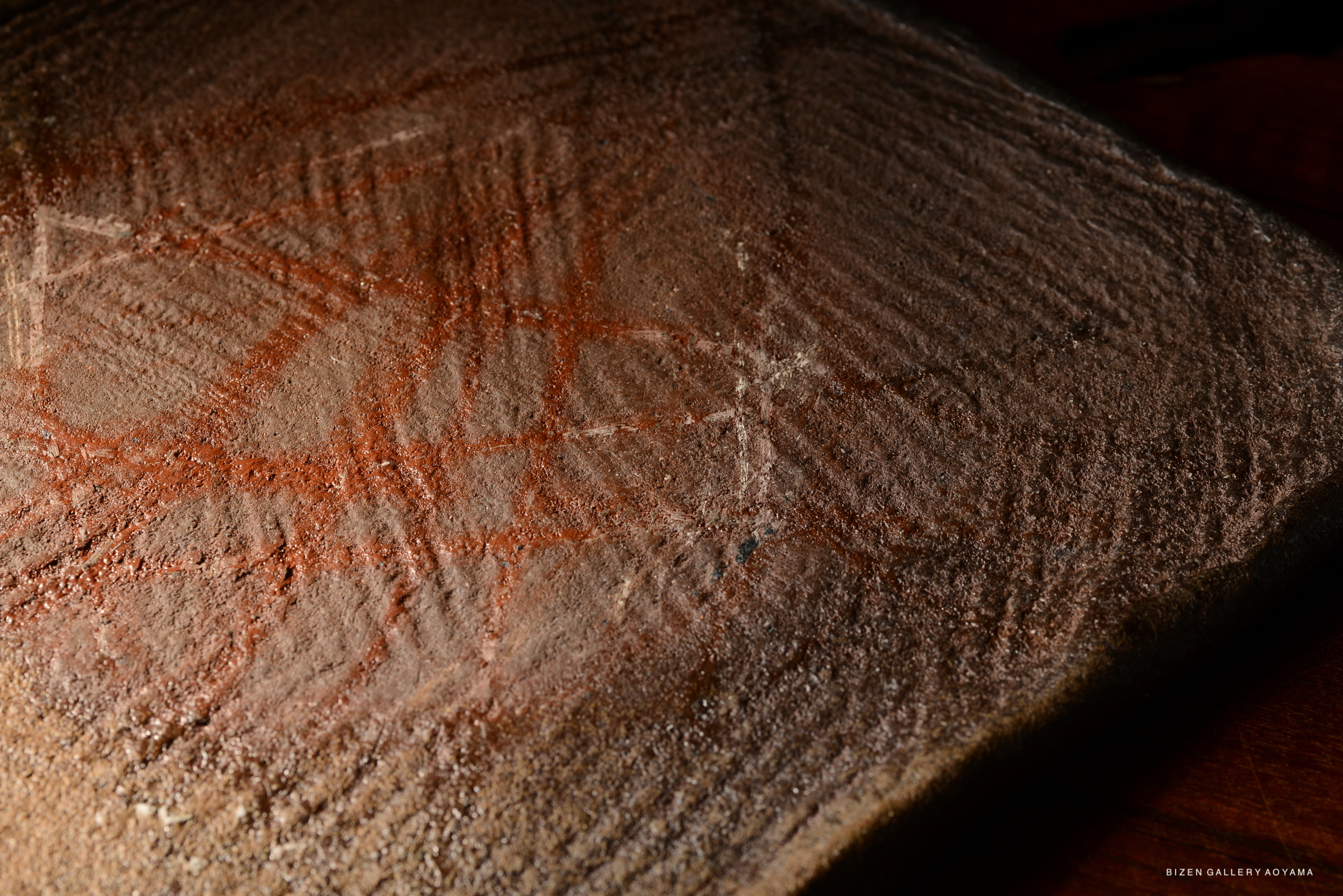Close-up view of a textured surface with patterns and reddish markings.