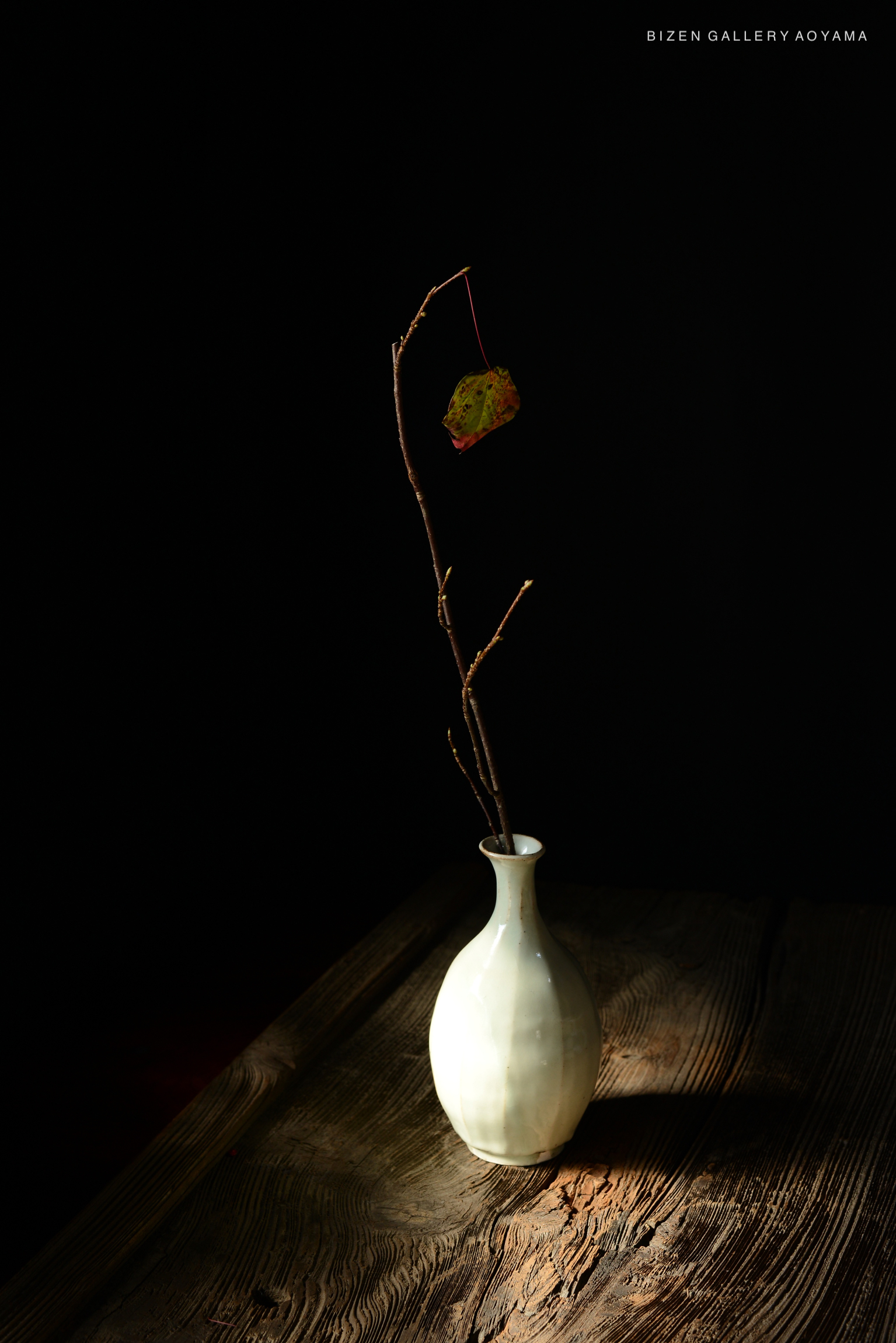 A delicate white vase with a slender neck, holding a thin twig with a small, colorful leaf, placed on a rustic wooden surface against a dark background.