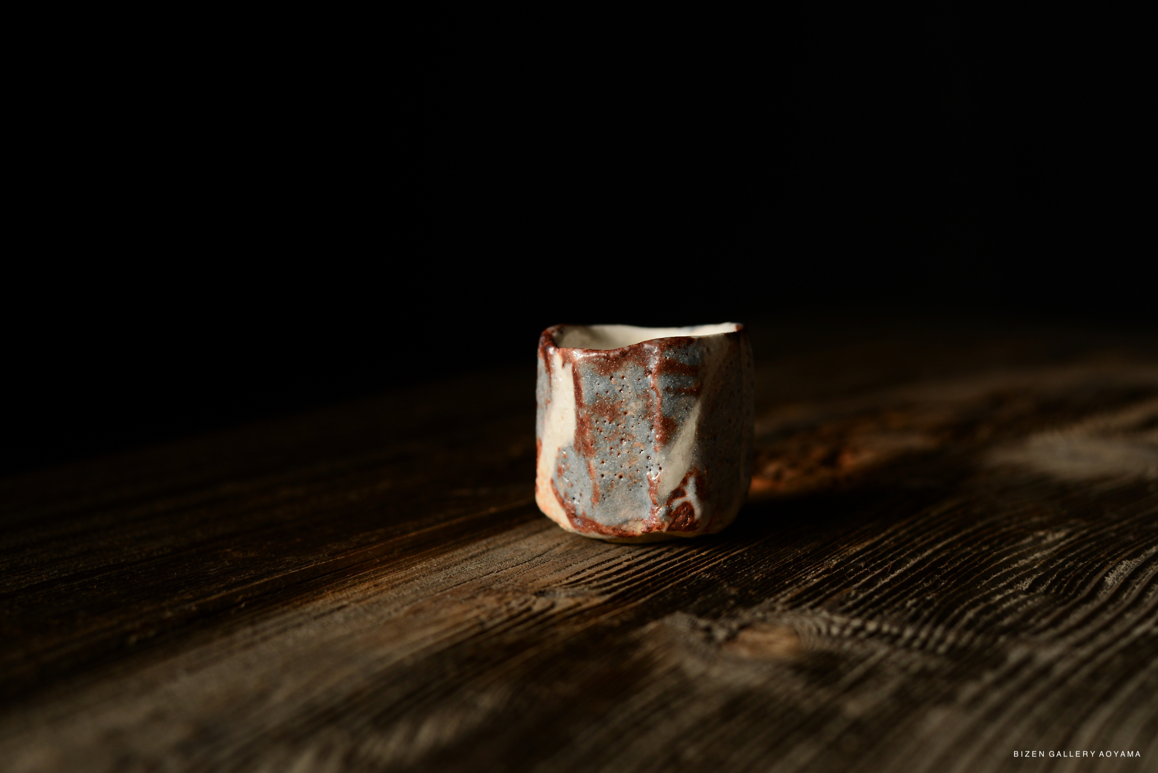 A close-up image of a Shino Guinomi sake cup featuring a textured surface with natural colors against a dark background.